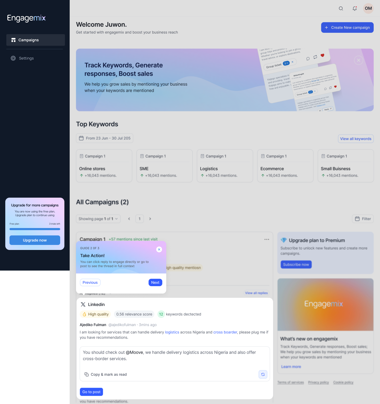 EngageMix onboarding guide step 2 — Take action on threads.