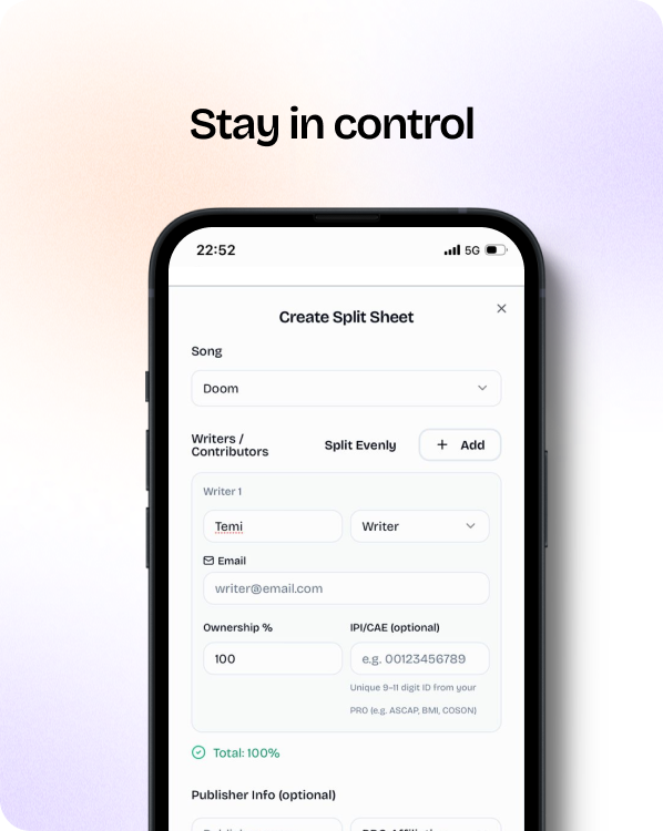 Landing section — Stay in control with split sheets