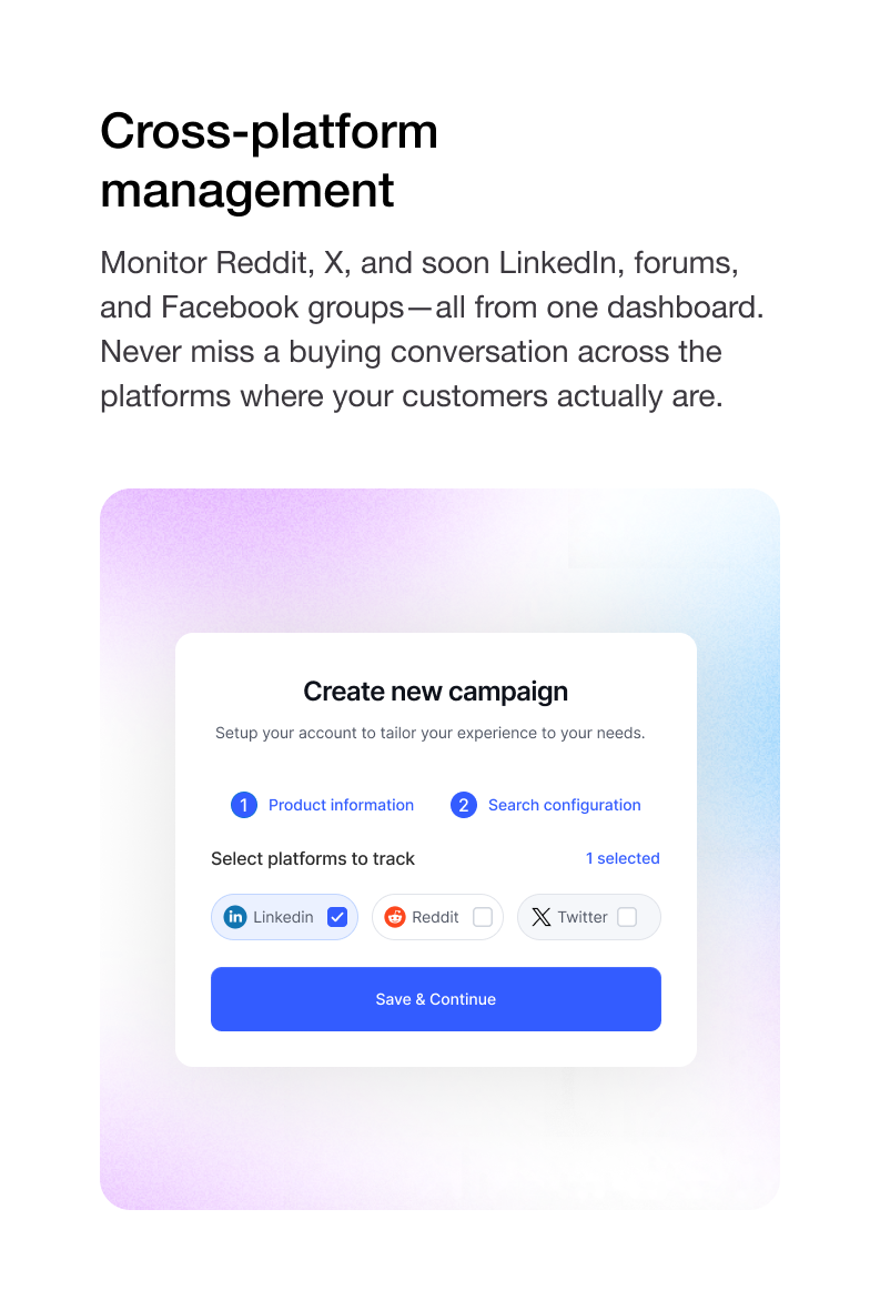 EngageMix setup screen for creating a campaign and selecting LinkedIn, Reddit, and Twitter