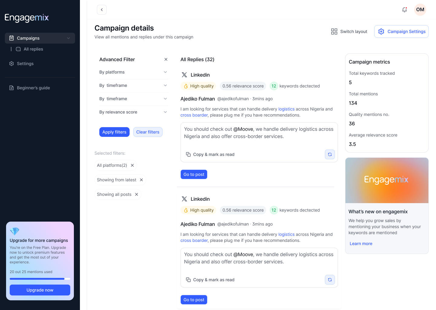 EngageMix campaign details — double-column reply layout with advanced filters and campaign metrics.