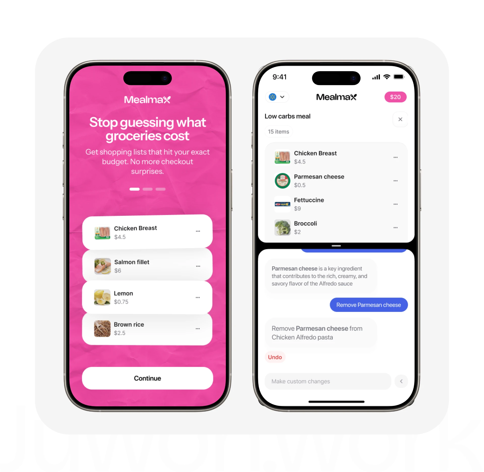 MealMax screens — budget grocery lists and AI edits