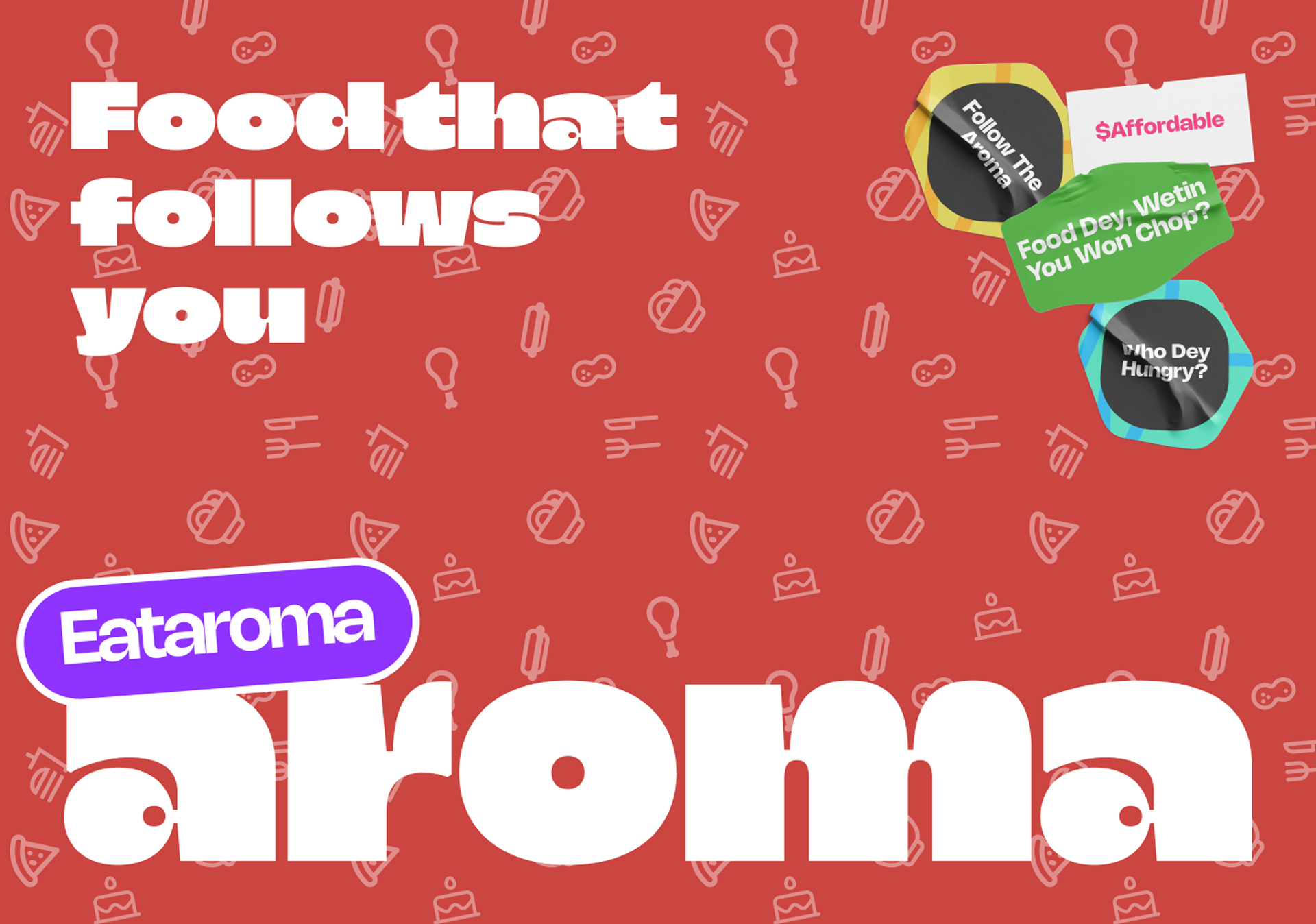 Aroma on Wheels campaign wrapper on red background with food that follows you headline