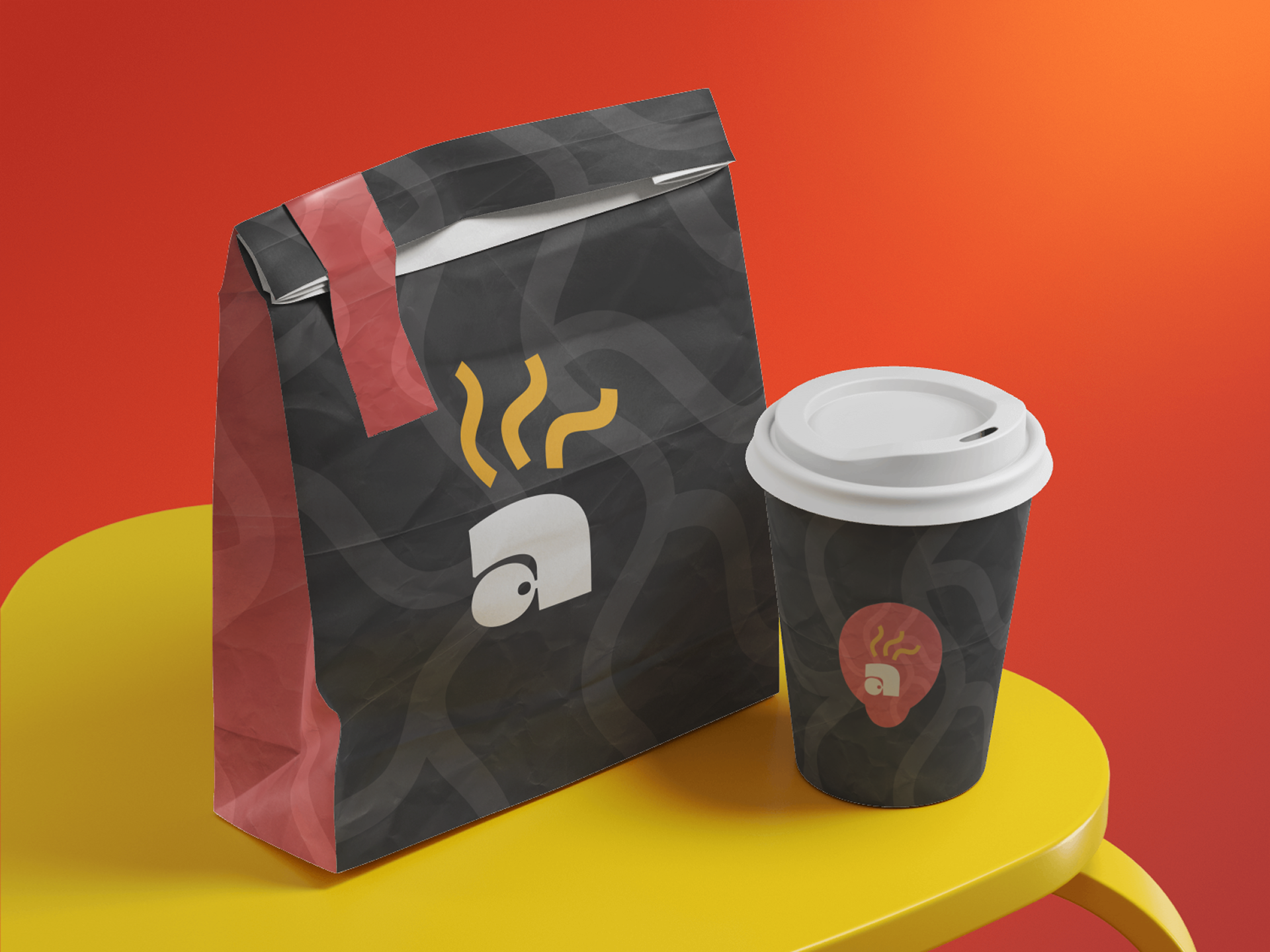 Aroma on Wheels paper bag and takeaway cup packaging mockup on yellow table