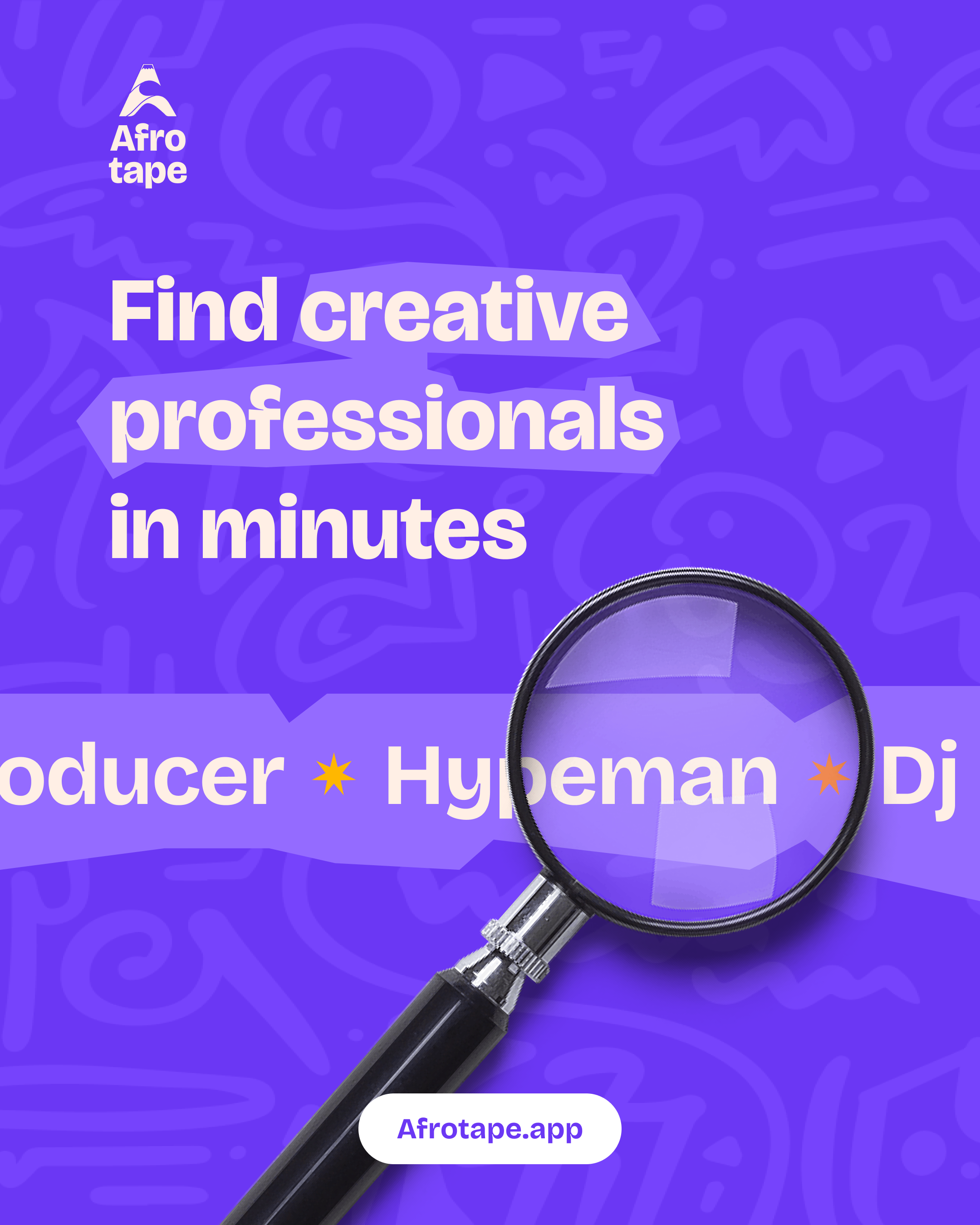 Afrotape Instagram post: Find creative professionals in minutes, magnifying glass over creative roles.