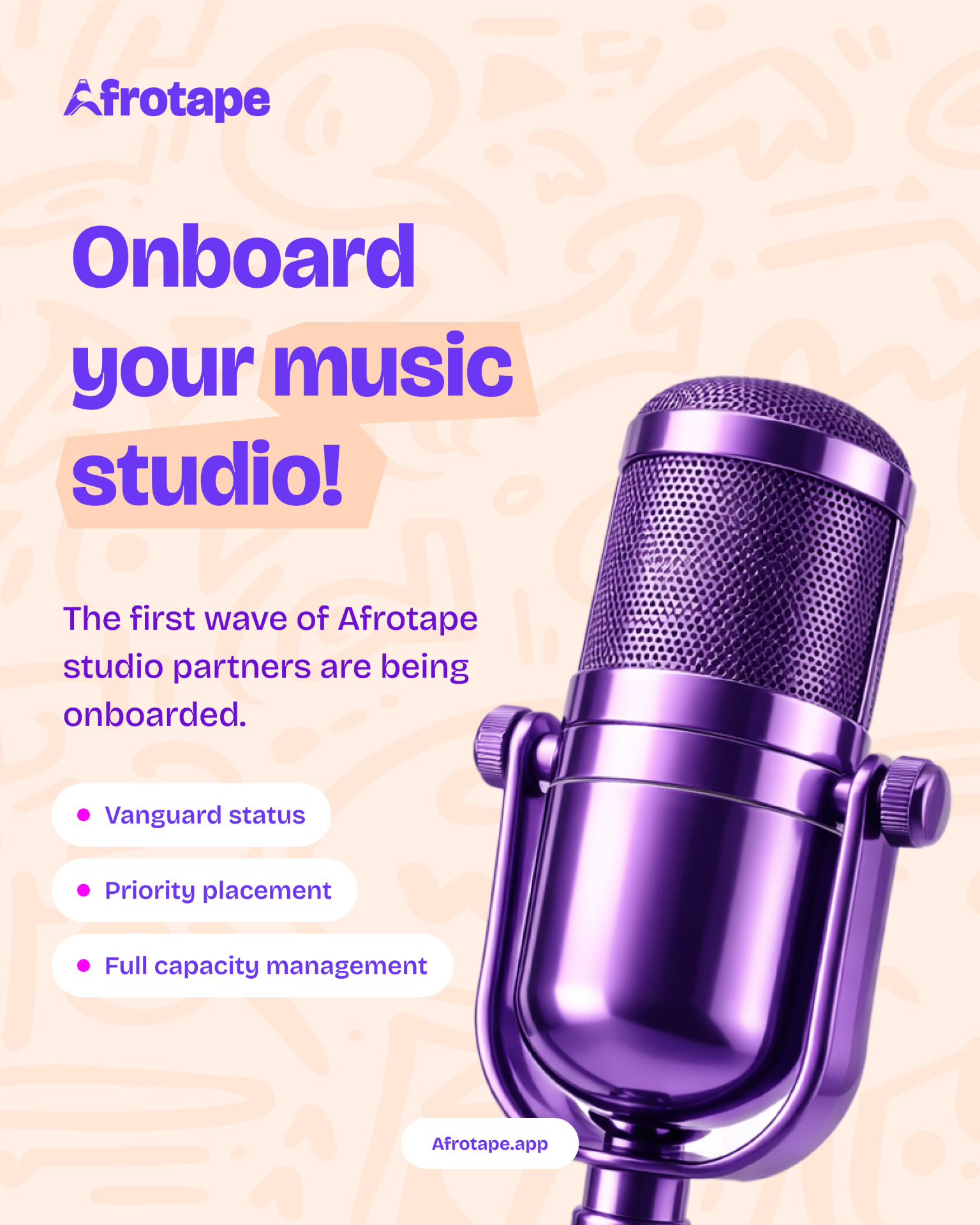 Afro Tape campaign post — Onboard your music studio with featured purple microphone