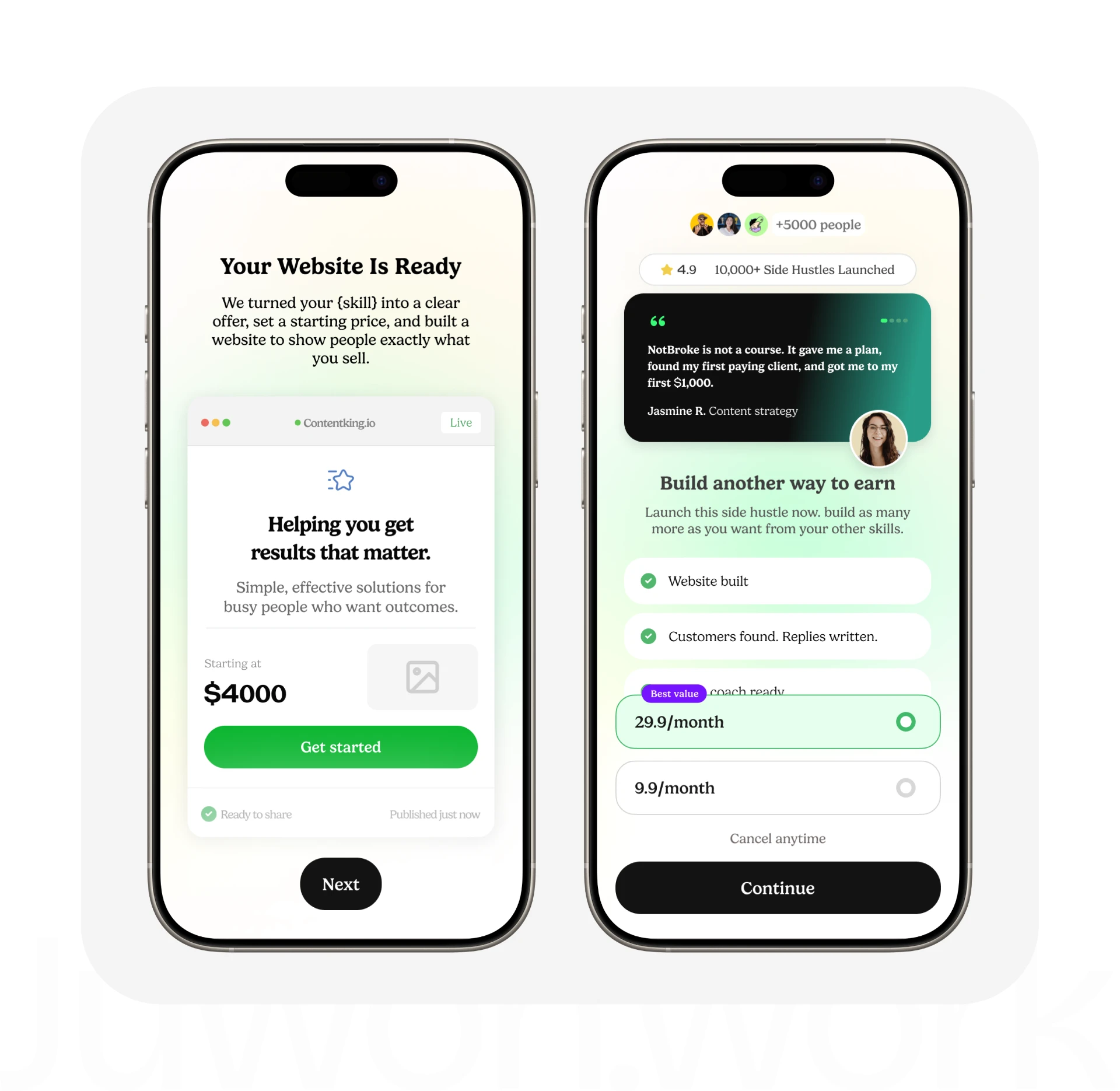NotBroke app screens — skill-to-offer builder and paywall