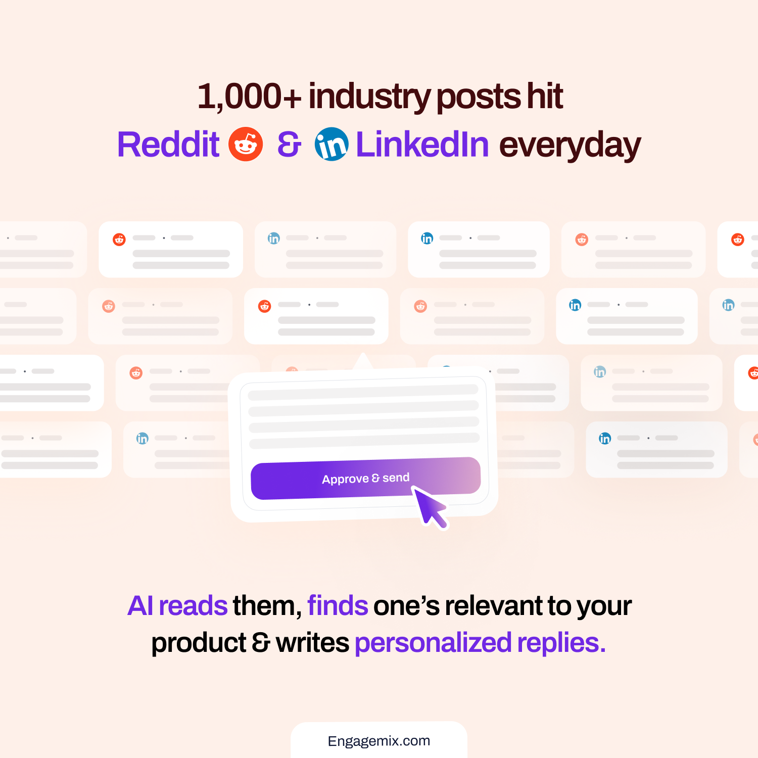 EngageMix Meta ad: 1,000+ industry posts hit Reddit & LinkedIn every day — AI reads them, finds ones relevant to your product, and writes personalized replies.