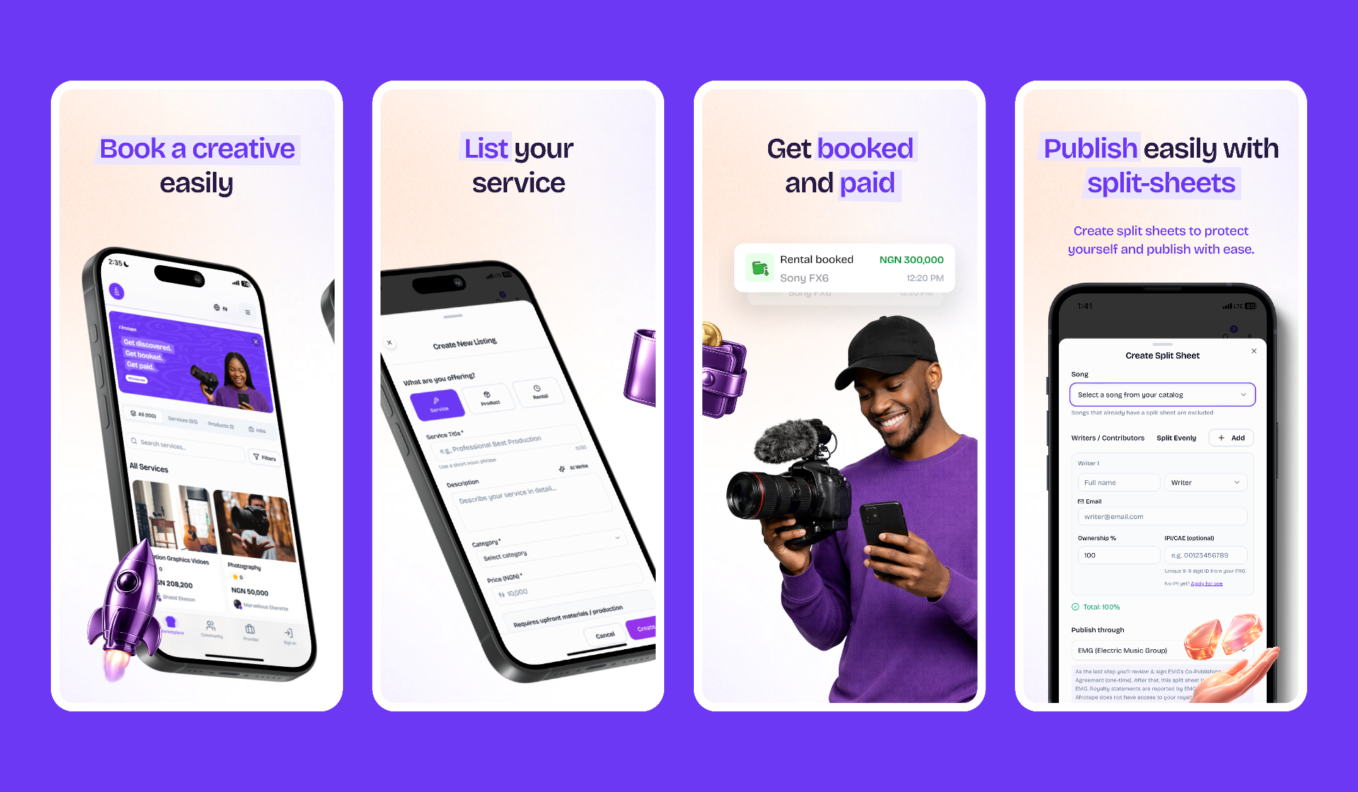Afro Tape marketplace features — book a creative, list your service, get booked and paid, publish with split-sheets