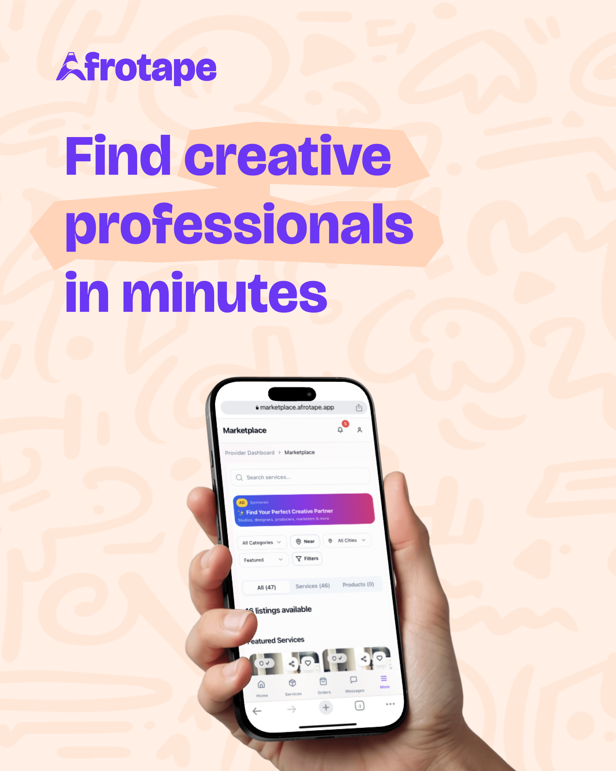 Afrotape Instagram post: Find creative professionals in minutes, phone in hand on cream.