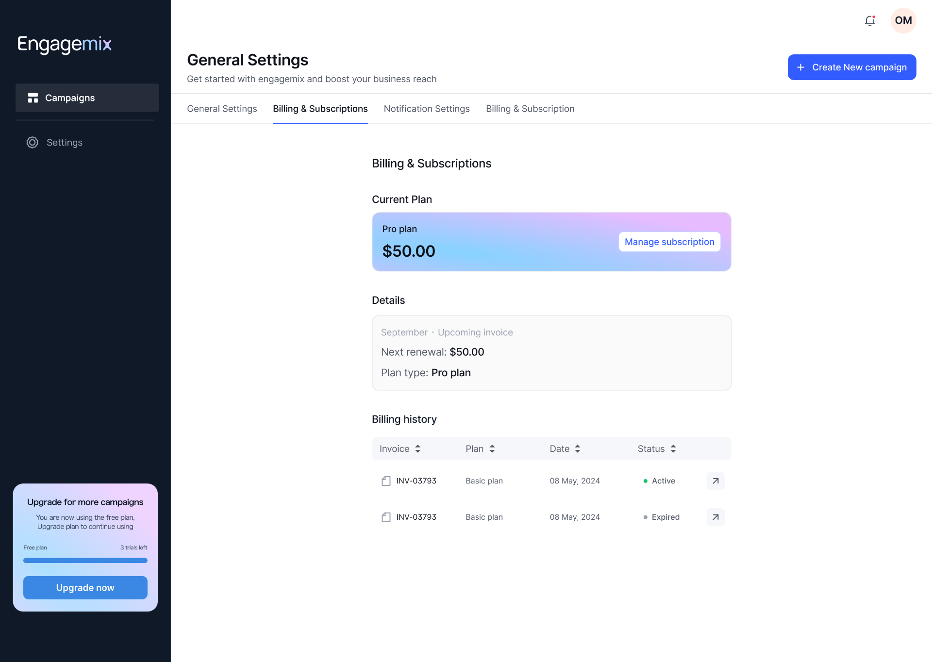 EngageMix billing & subscriptions settings with current plan, renewal details, and billing history.
