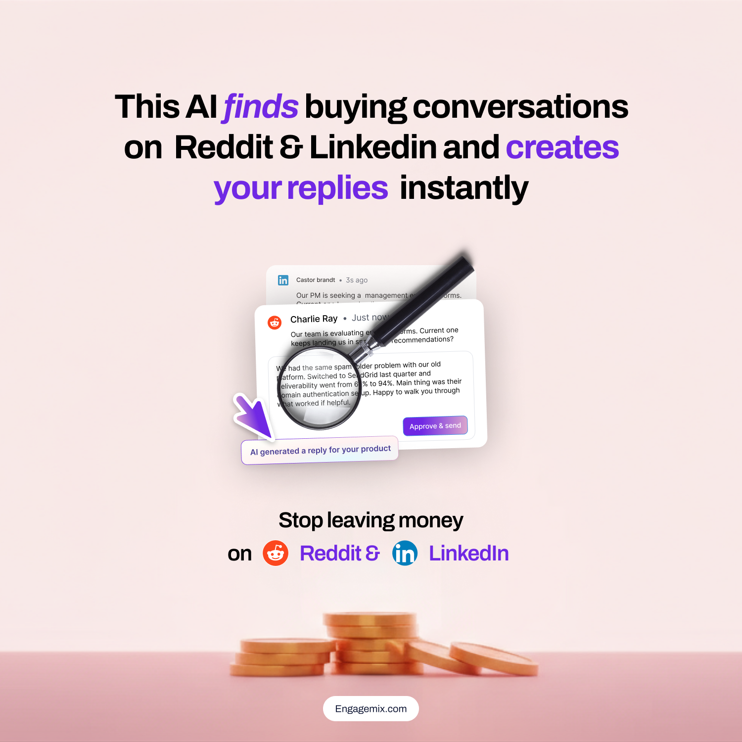 EngageMix Meta ad: This AI finds buying conversations on Reddit & LinkedIn and creates your replies instantly.