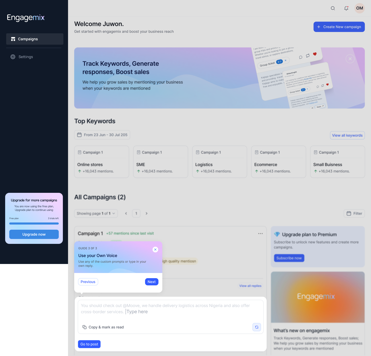 EngageMix onboarding guide step 3 — Use your own voice in replies.