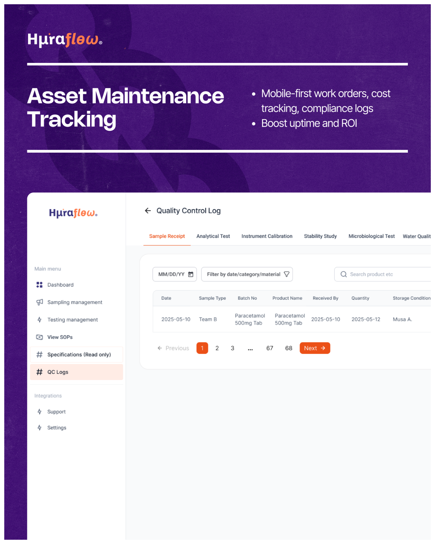 Huraflow brochure page for asset maintenance tracking