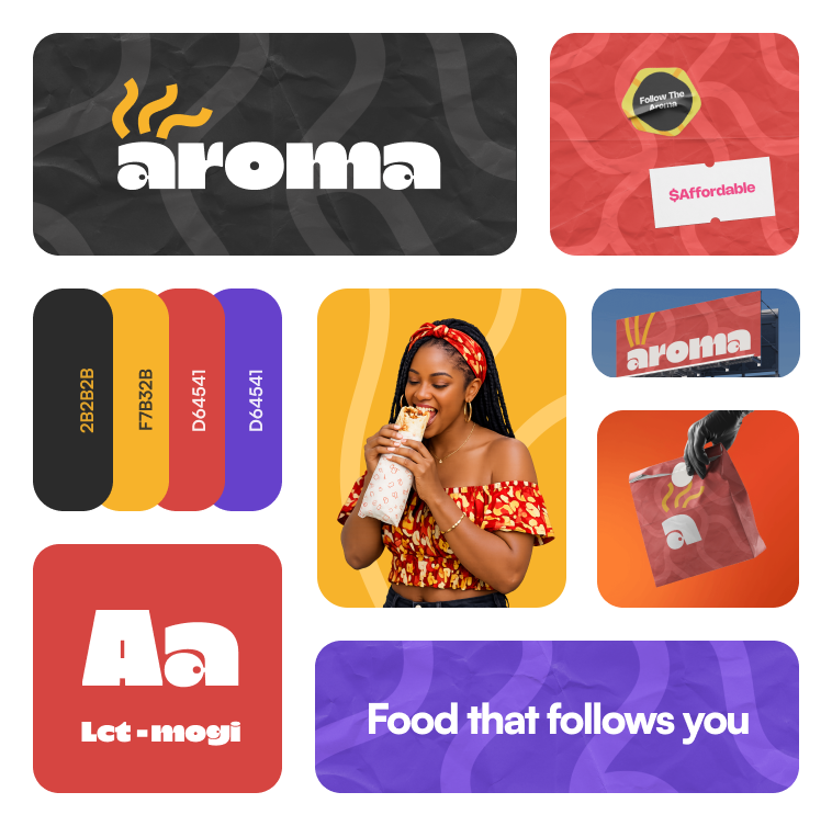 Aroma on Wheels brand board showing logo, palette, applications, and tagline