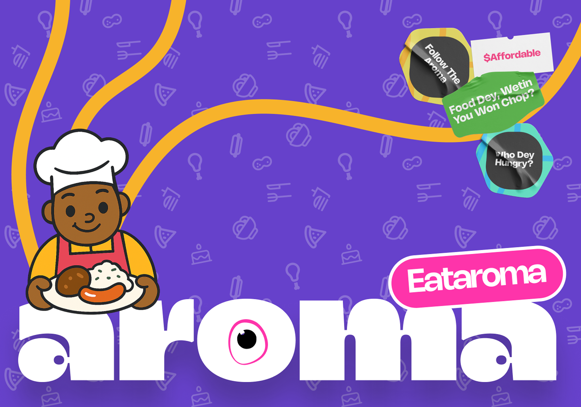 Aroma on Wheels campaign wrapper on purple background with mascot, stickers, and Eataroma label