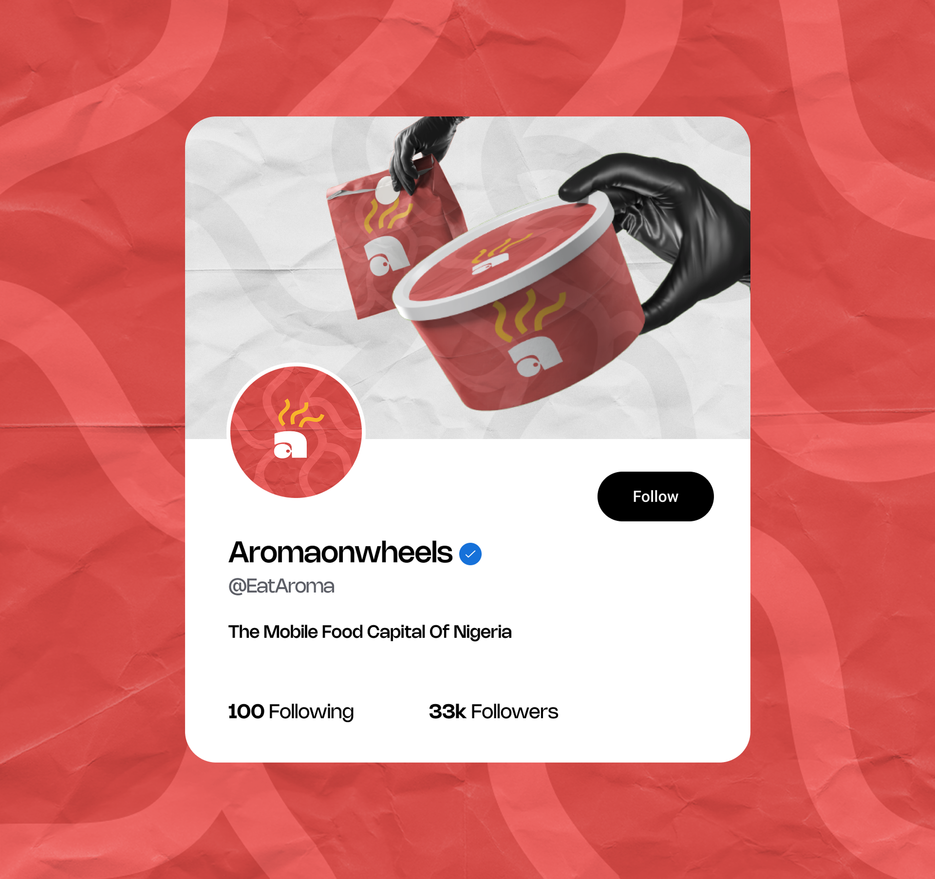 Aroma on Wheels branded social profile mockup with takeaway bowl cover image