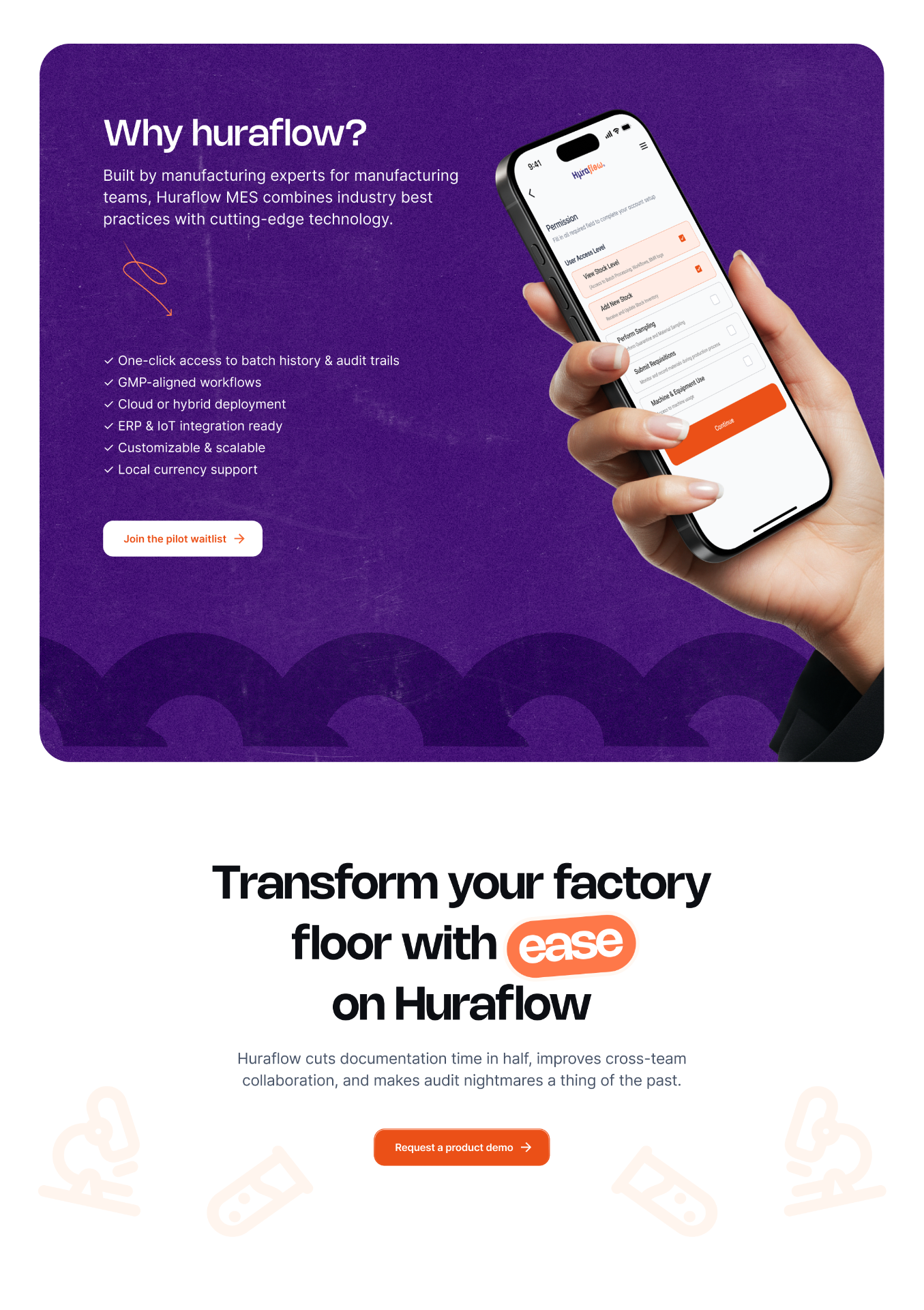 Why Huraflow landing page section with mobile product mockup