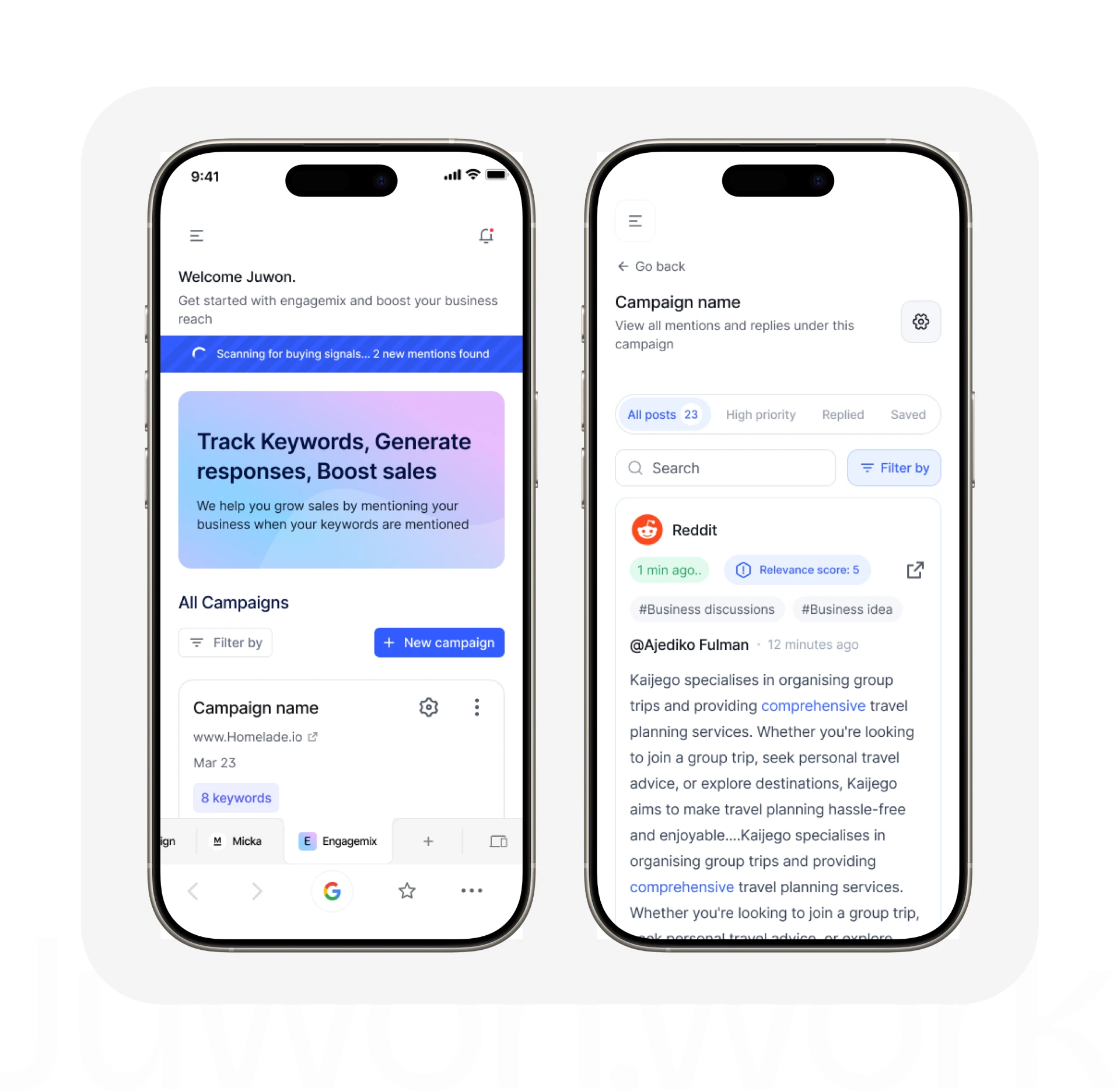 EngageMix mobile screens — campaigns and Reddit mention feed