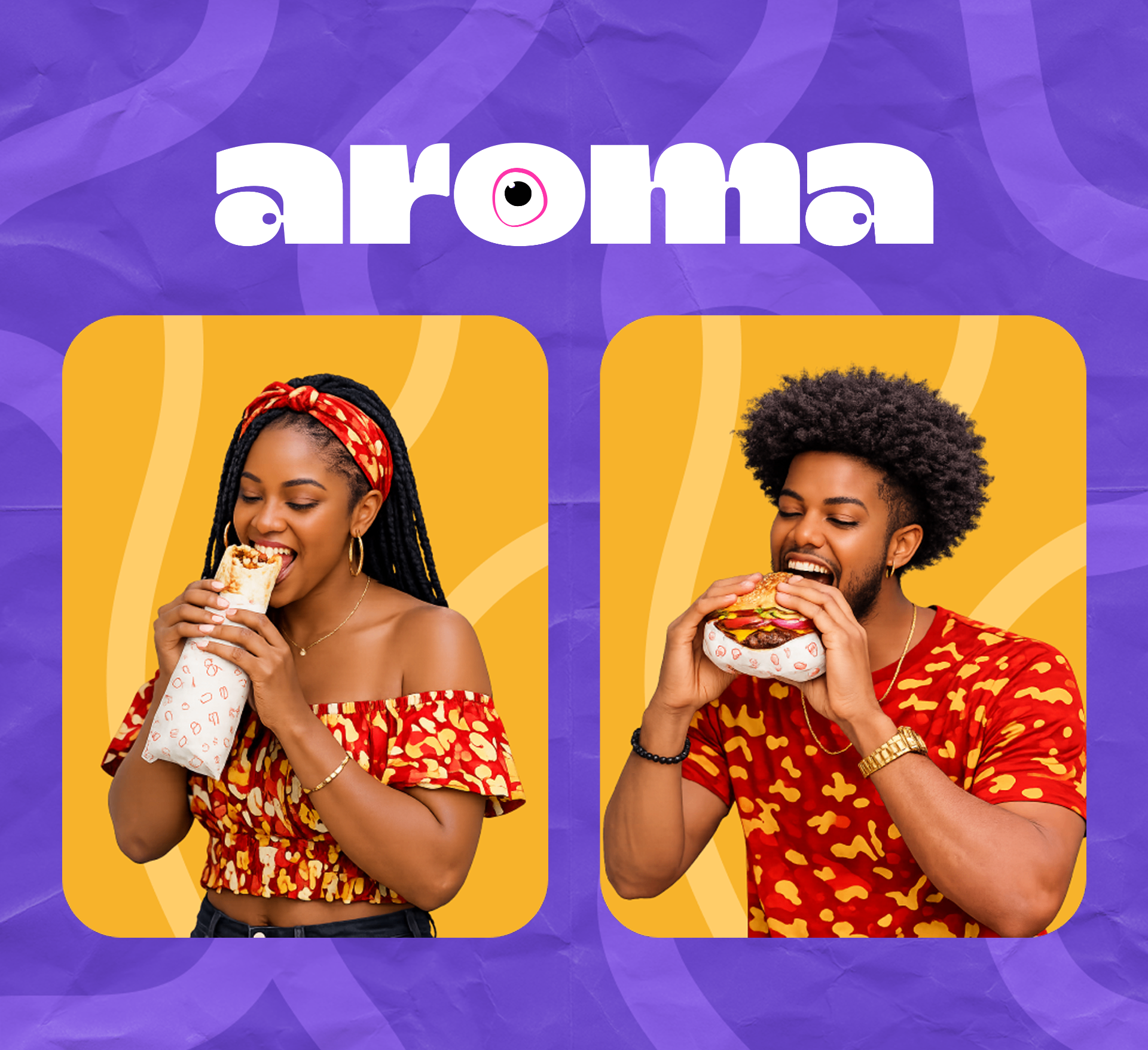 Aroma on Wheels social media layout with two people eating branded food on yellow cards