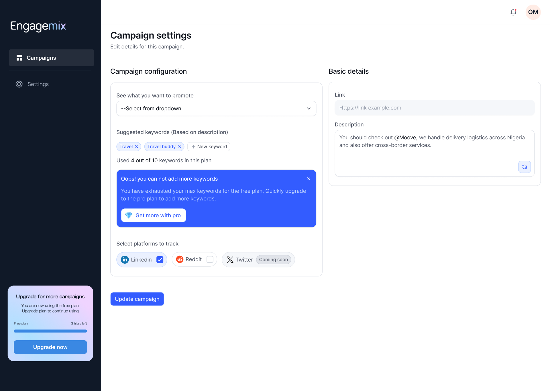 EngageMix campaign settings with upgrade prompt when keyword limit is reached.