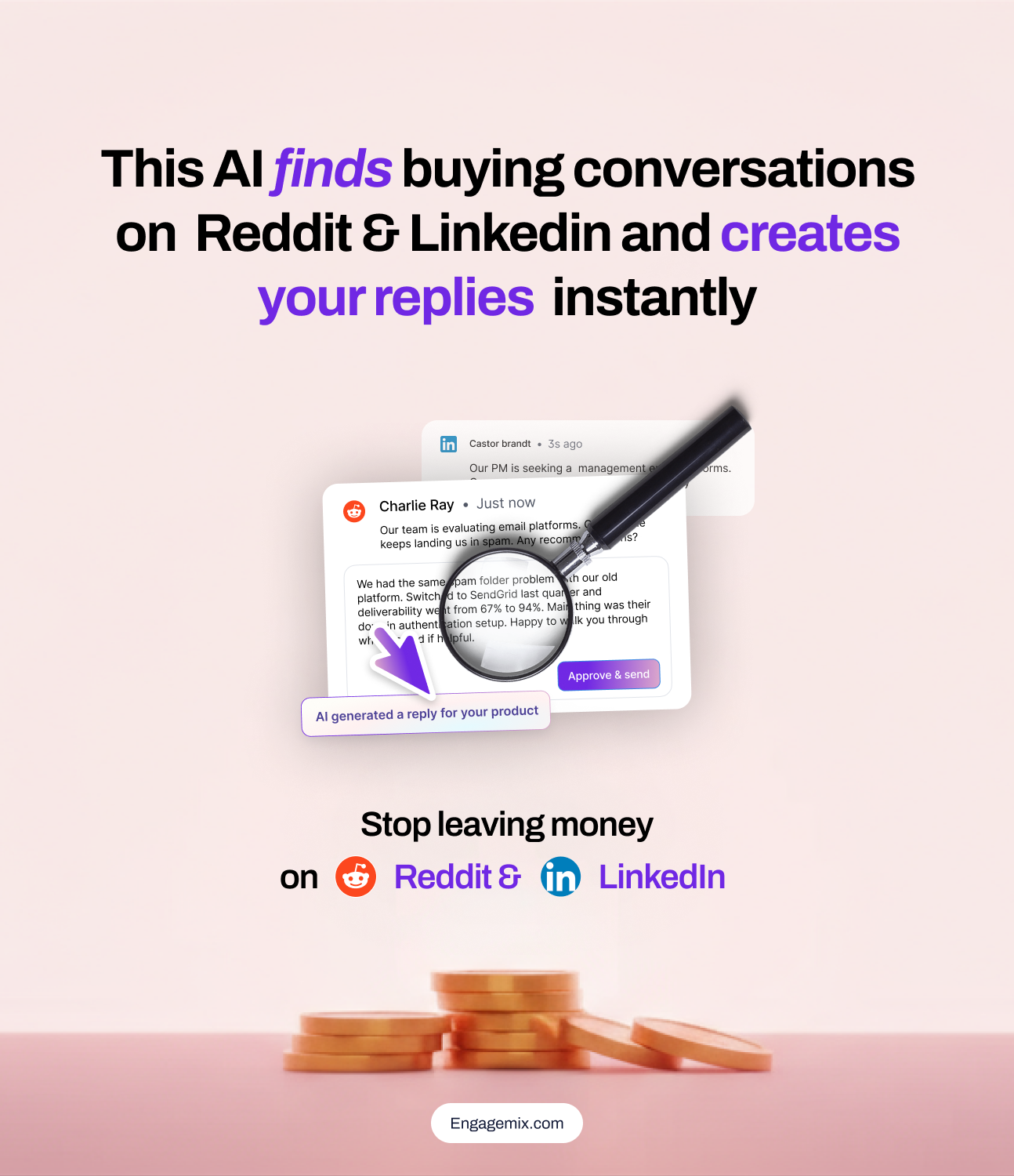 EngageMix Meta ad: This AI finds buying conversations on Reddit & LinkedIn and creates your replies instantly.