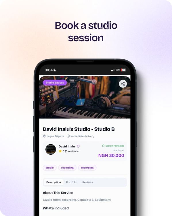 Landing section — Book a studio session