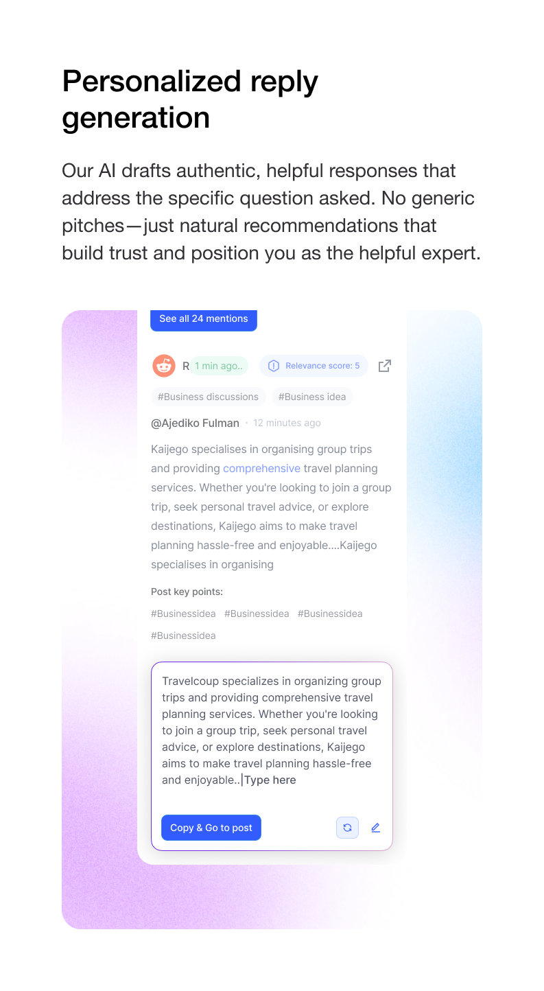 EngageMix reply generation interface with relevance score, post context, and a drafted response ready to copy