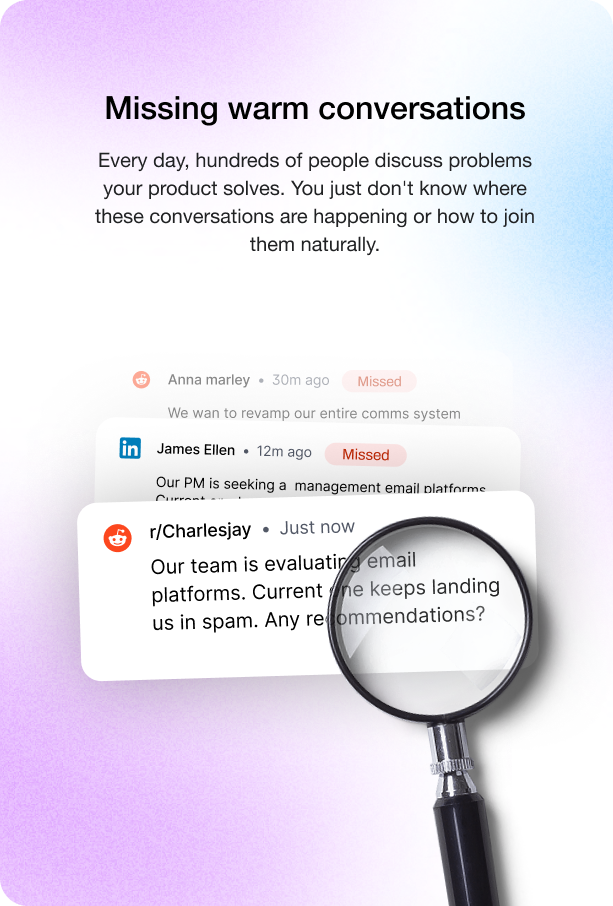 EngageMix concept frame showing missed warm conversations across social platforms