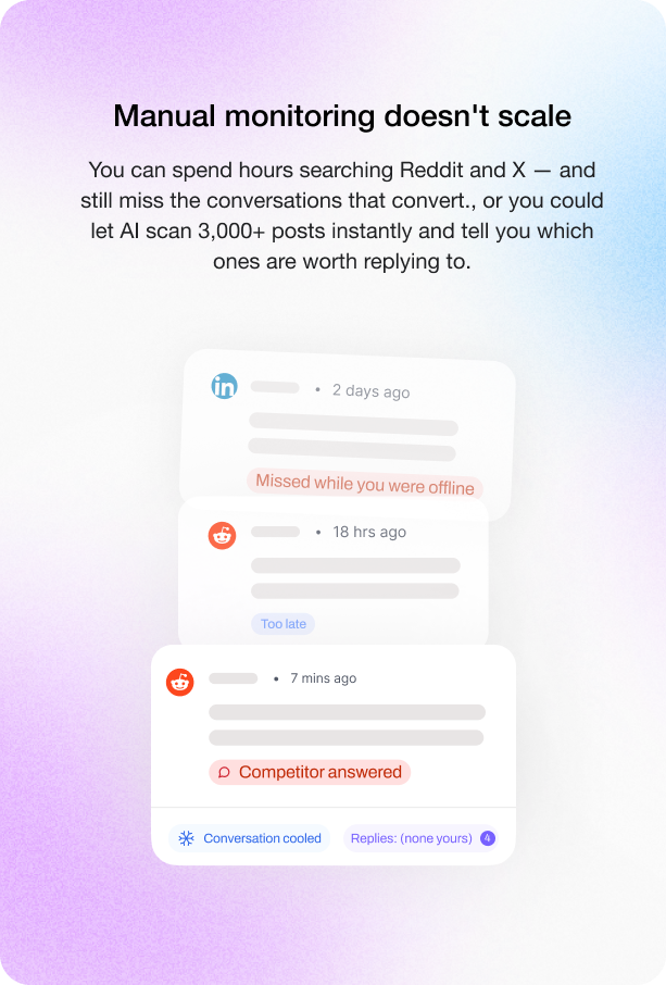 EngageMix ad: Manual monitoring doesn't scale — let AI scan 3,000+ posts instantly.