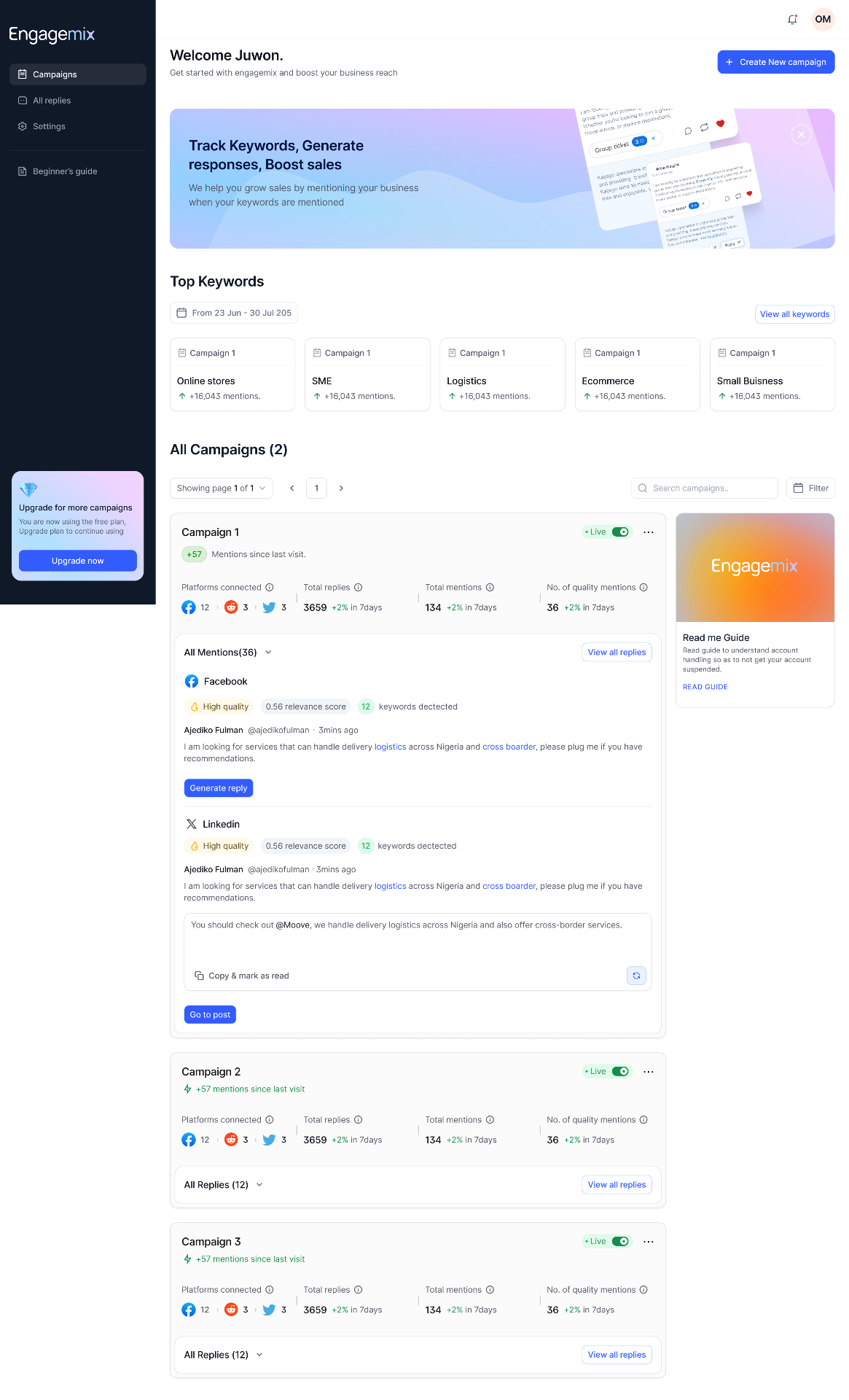 EngageMix welcome dashboard with top keywords, campaign list, and AI-generated reply card.
