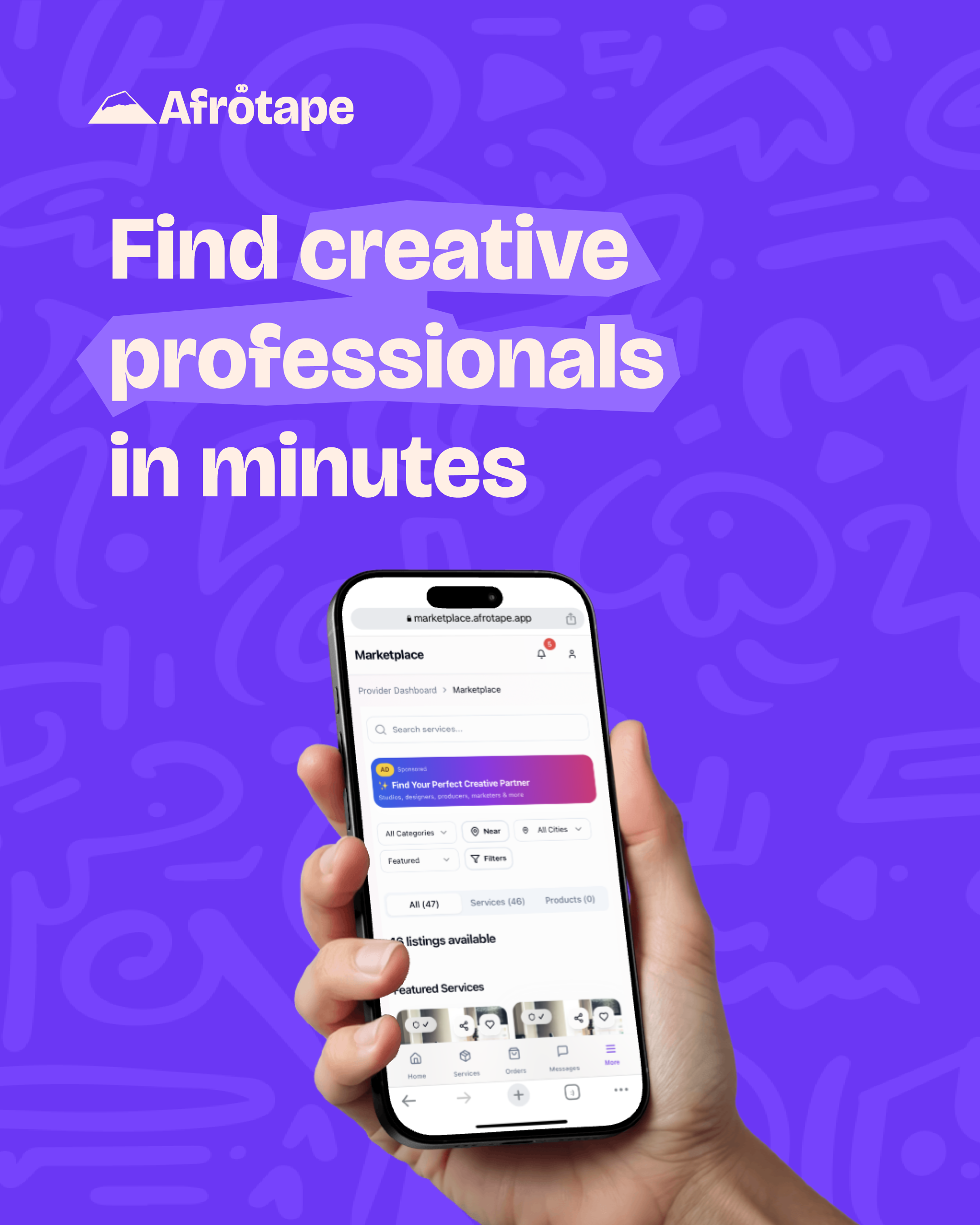 Afrotape Instagram post: Find creative professionals in minutes, phone in hand on purple.