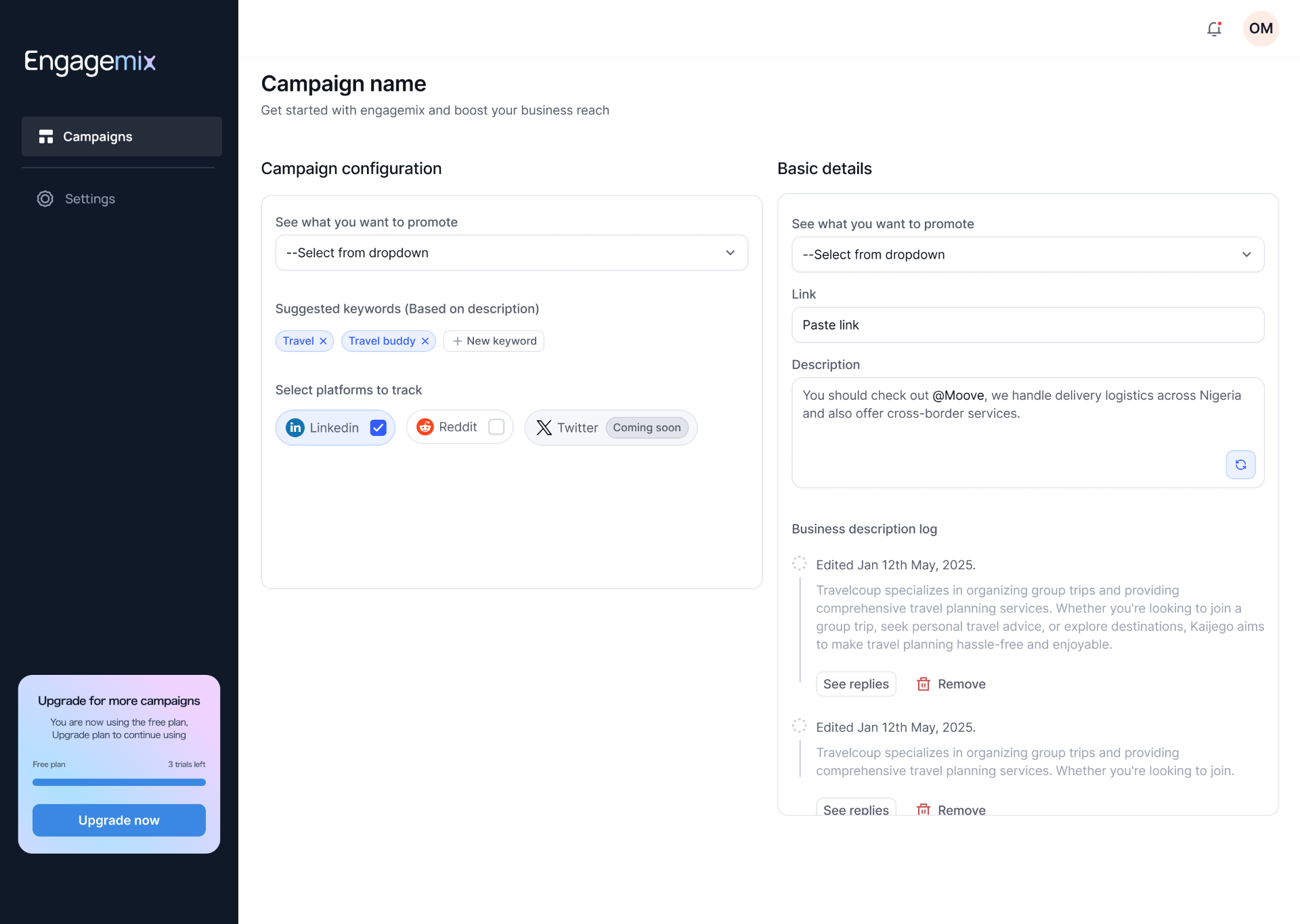 EngageMix campaign configuration screen with suggested keywords, platform selection, and business description log.
