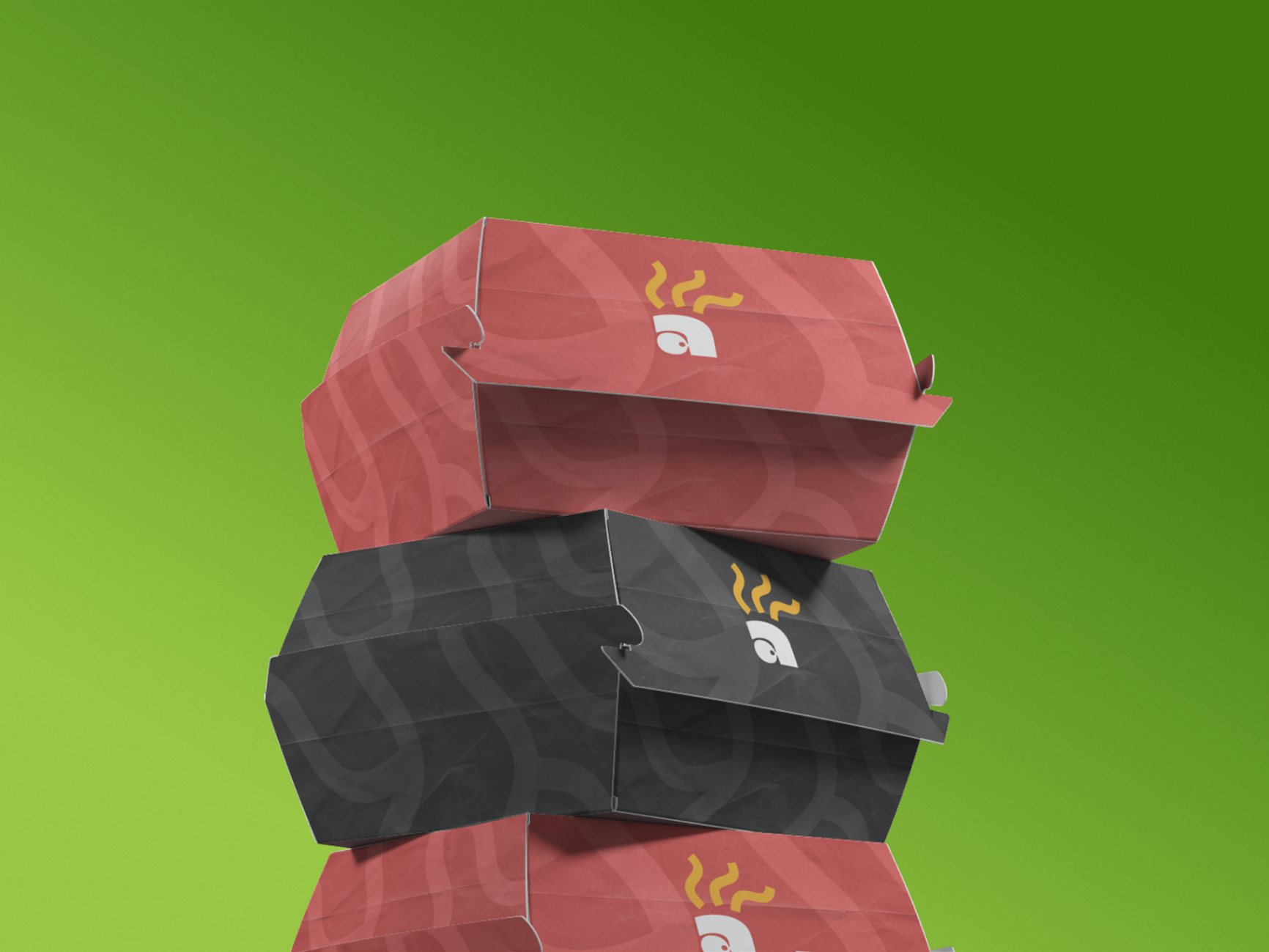 Aroma on Wheels stacked packaging boxes in red and black