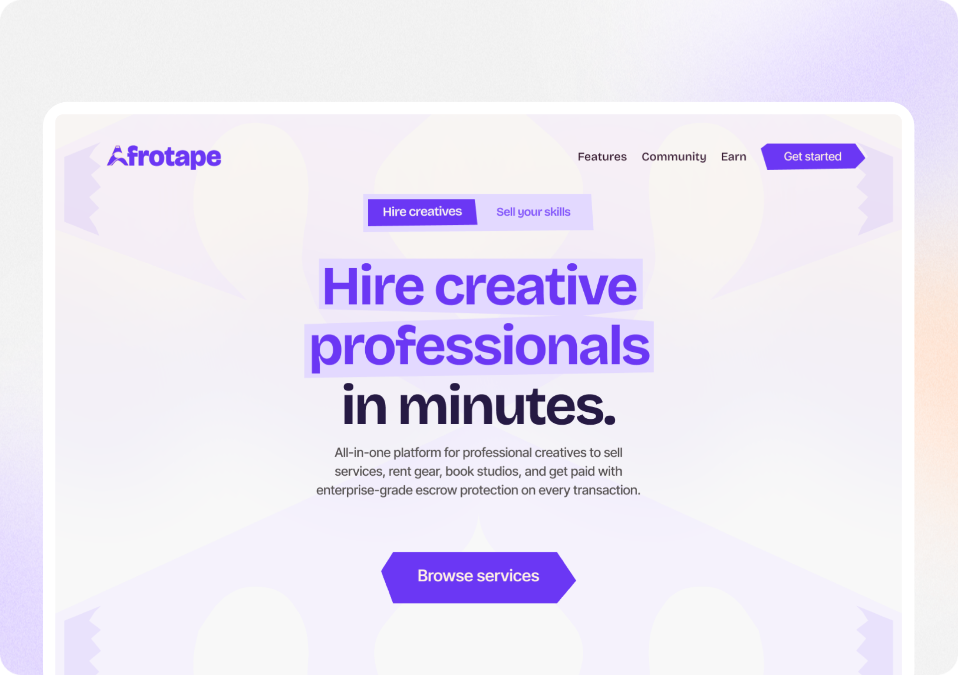 Afrotape marketing site hero — Hire creative professionals in minutes