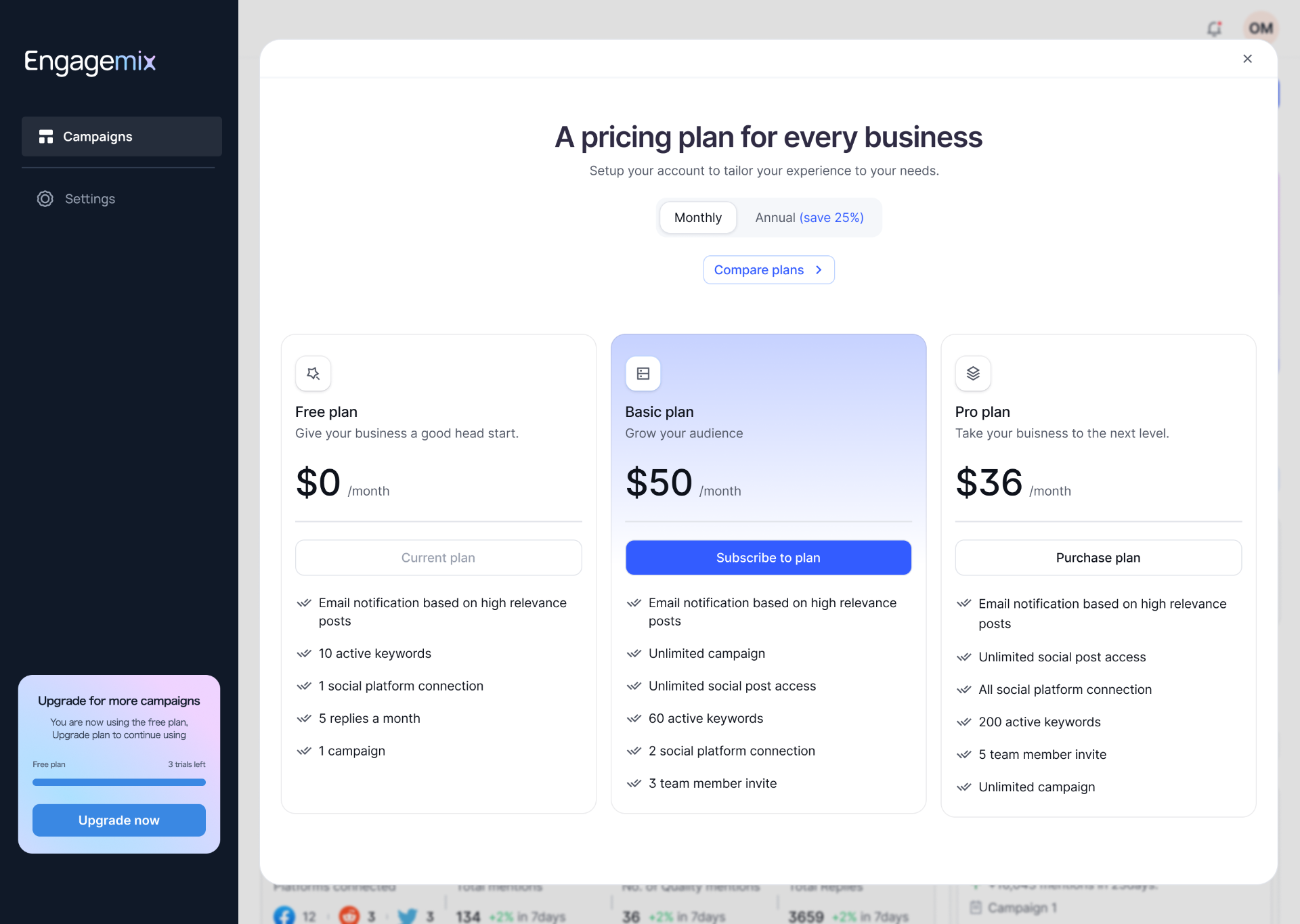 EngageMix pricing — free, basic, and pro plans with monthly/annual toggle.