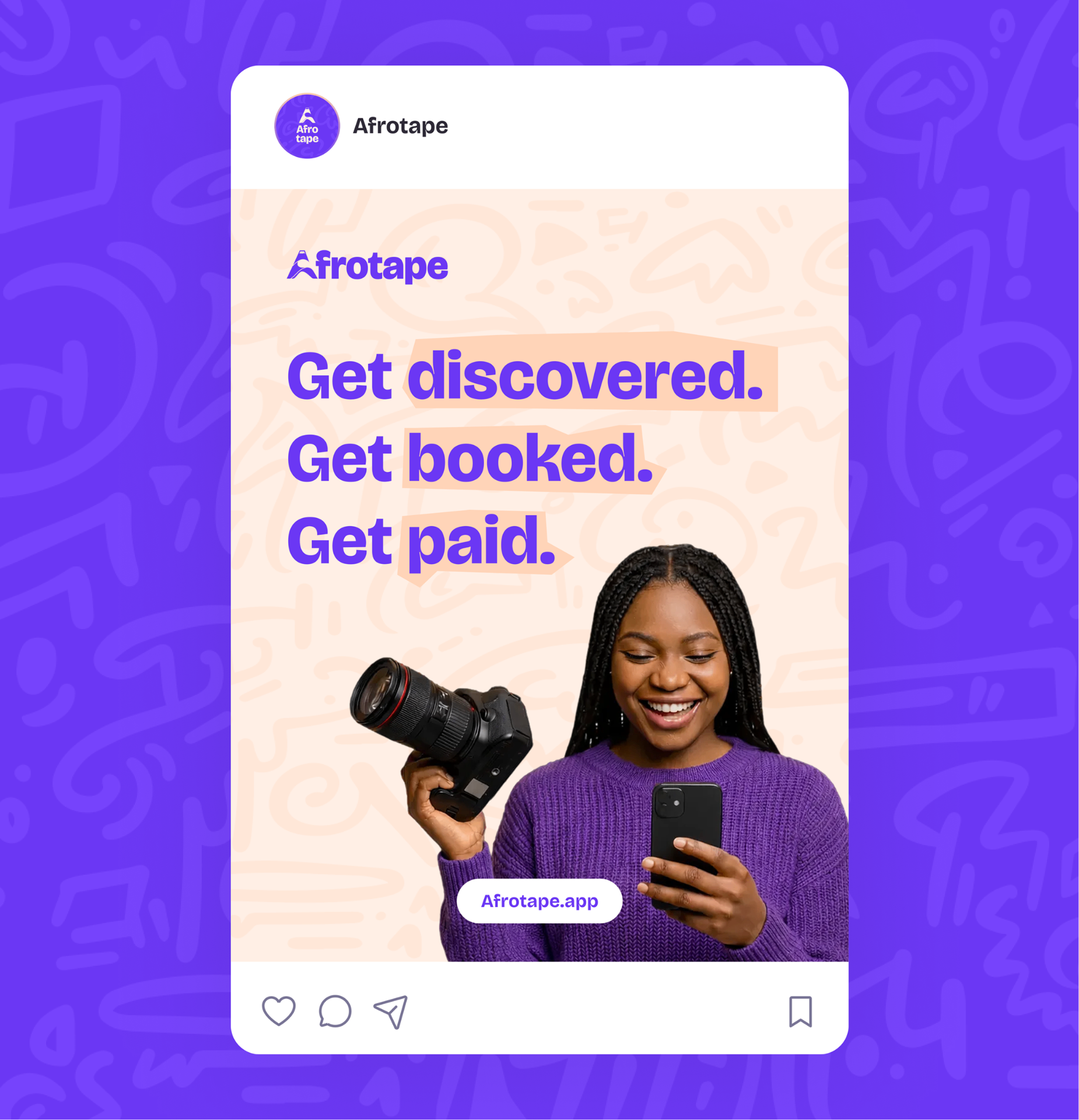 Afro Tape Instagram post encouraging creatives to get discovered, booked, and paid
