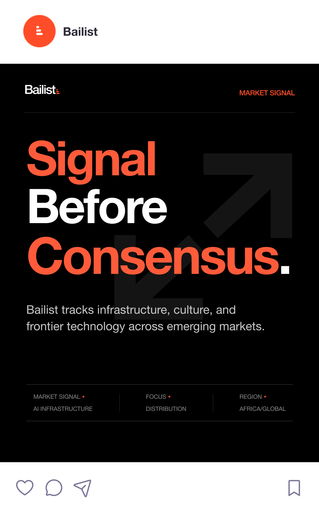 Bailist Instagram post, dark version: Signal Before Consensus with giant arrow mark.