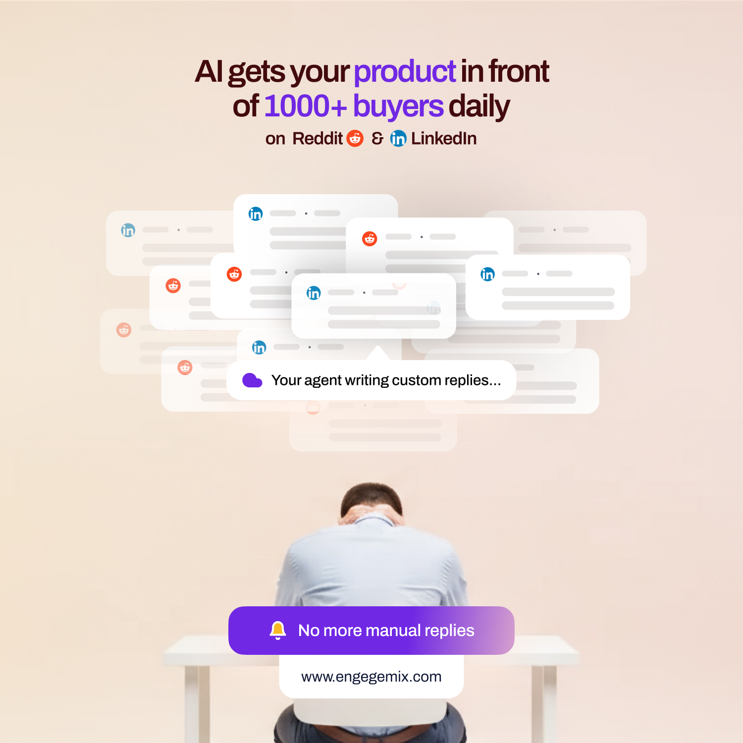 EngageMix Meta ad: No more manual replies — agent writing custom replies.