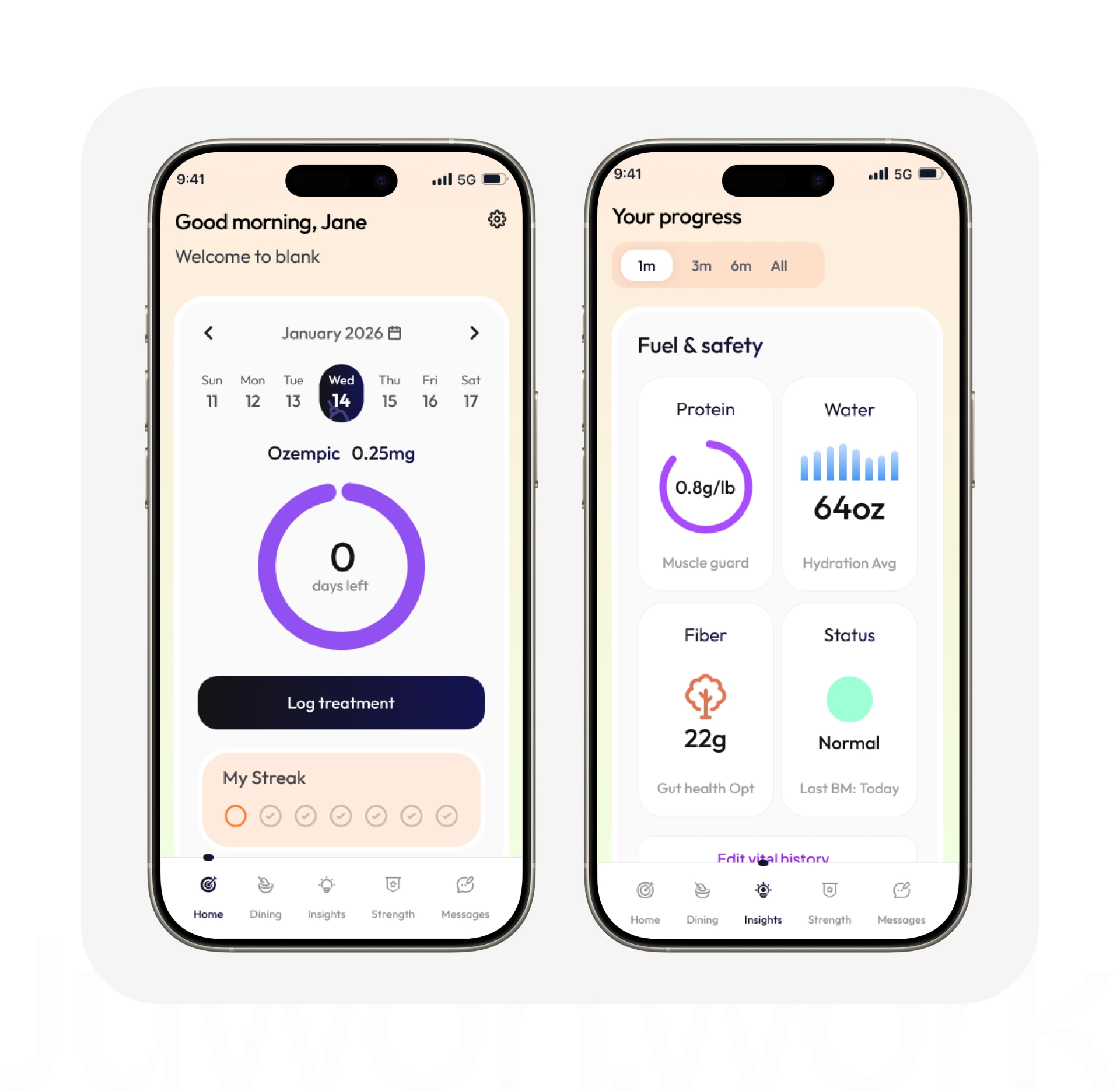Health tracker screens — treatment logging and progress insights