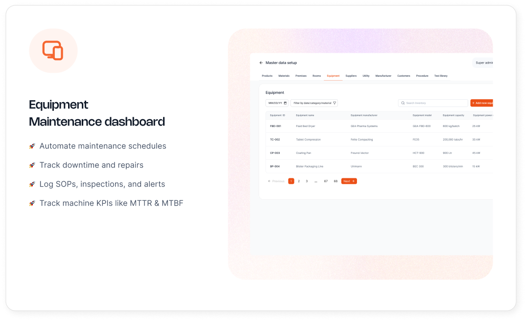 Huraflow equipment maintenance dashboard card