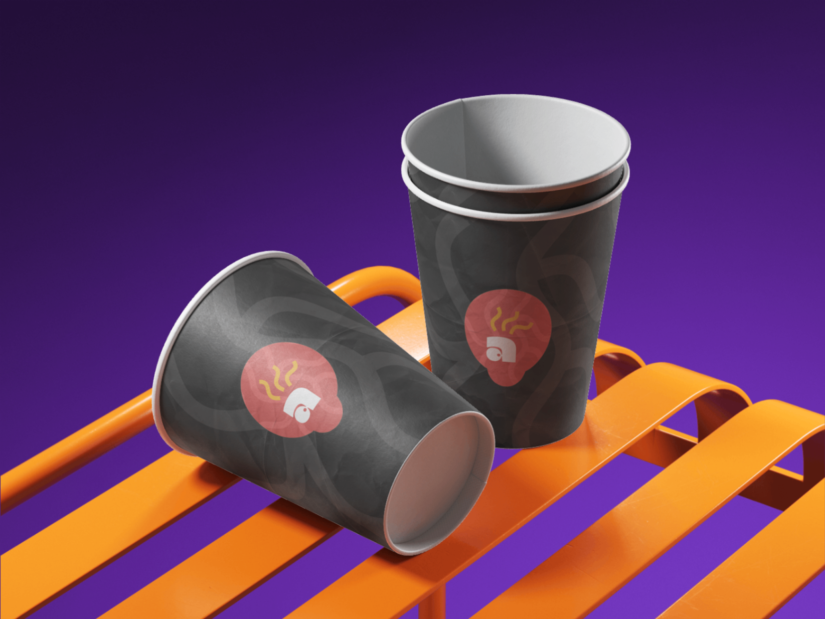 Aroma on Wheels branded cups displayed on orange rails