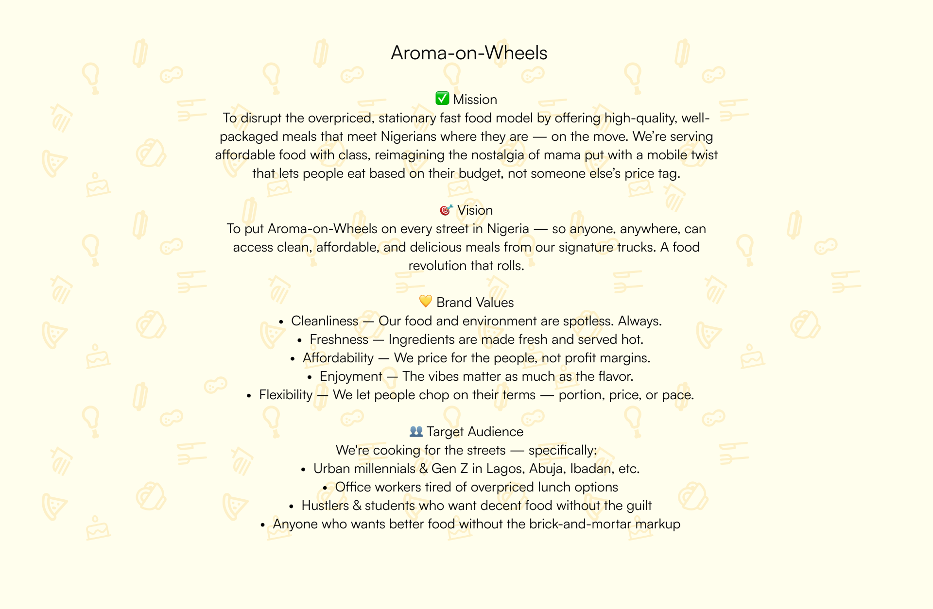 Aroma on Wheels brand core page showing mission, vision, values, and target audience