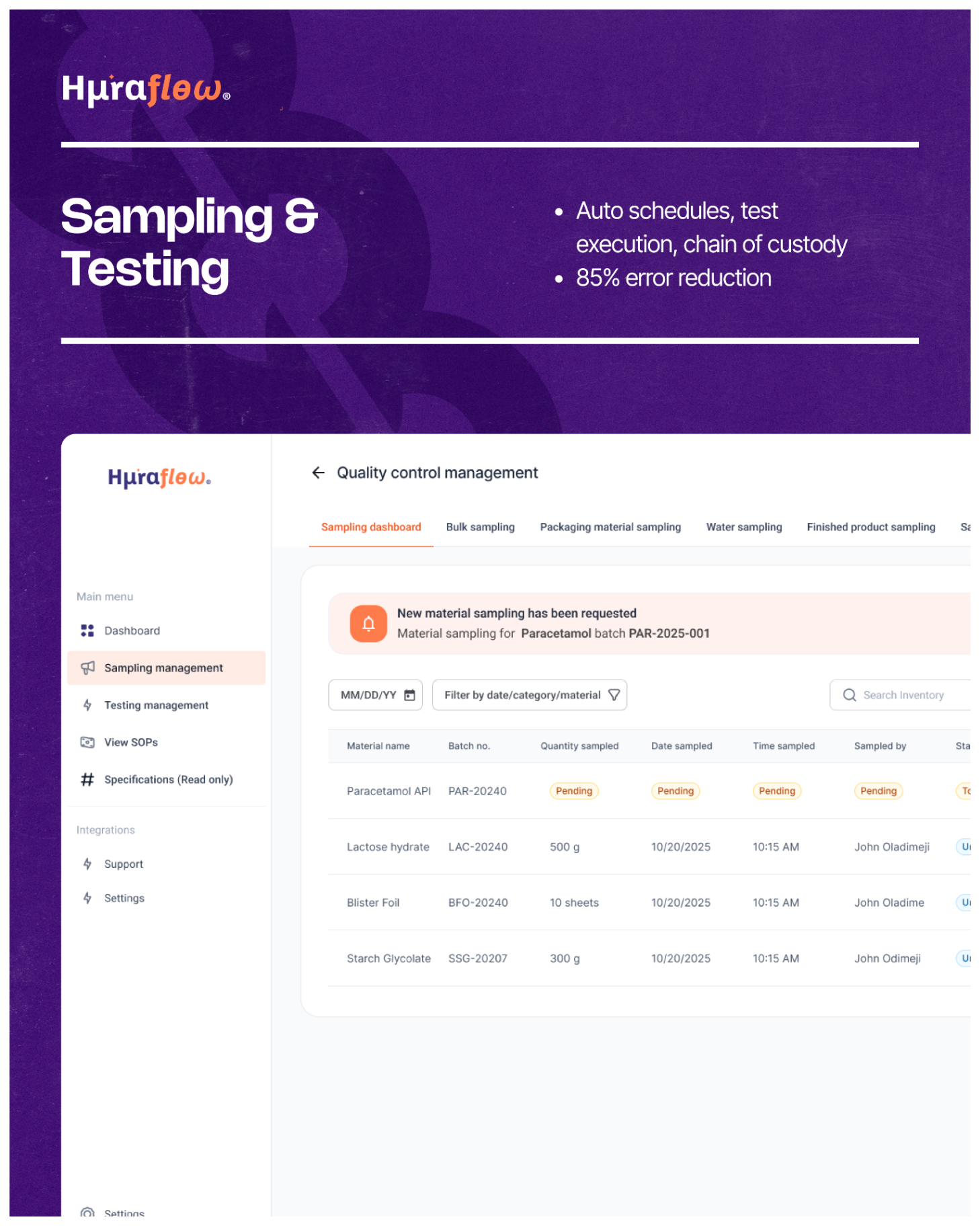 Huraflow brochure page for sampling and testing