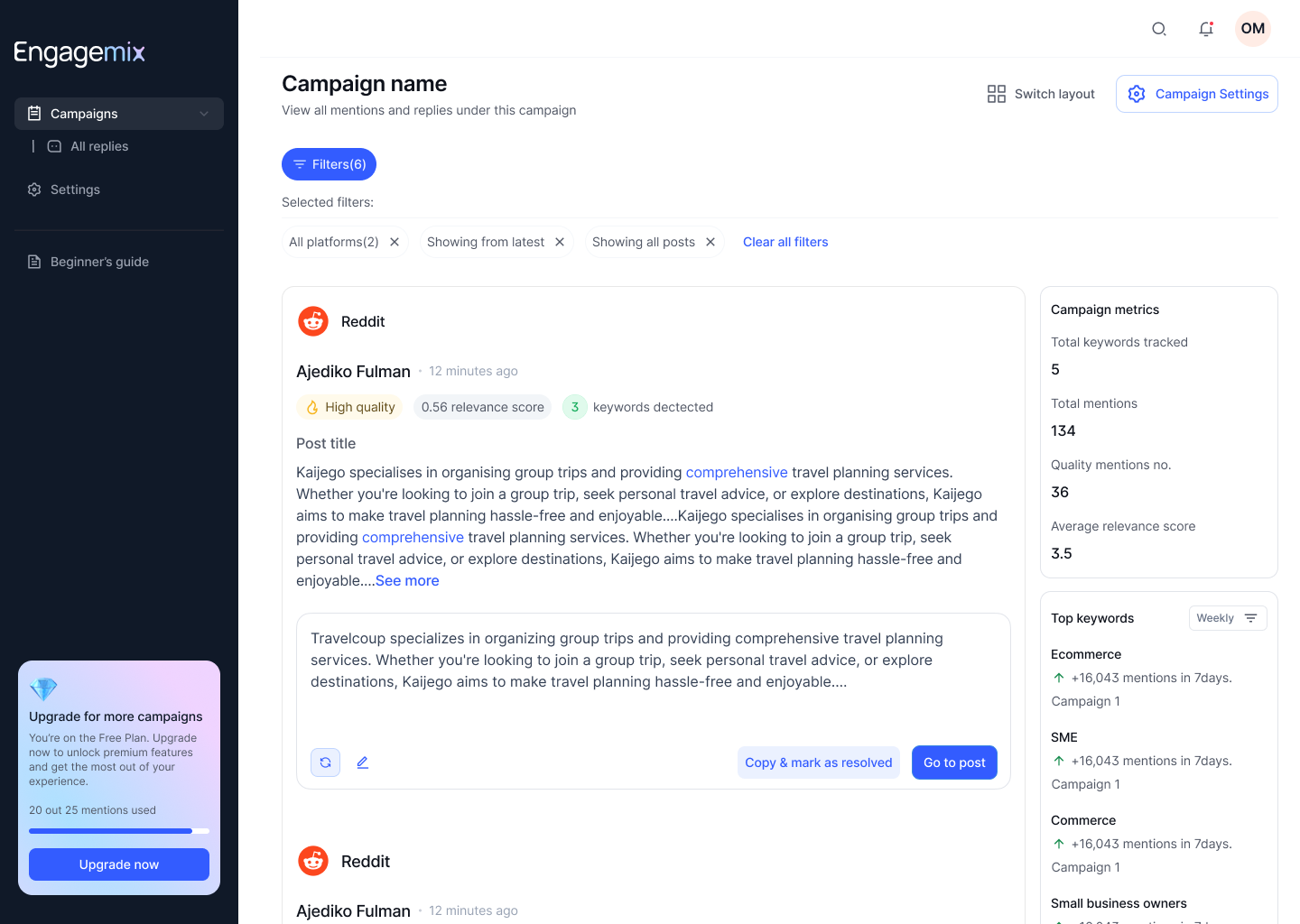 EngageMix single-column reply layout showing a Reddit post and AI-drafted reply.