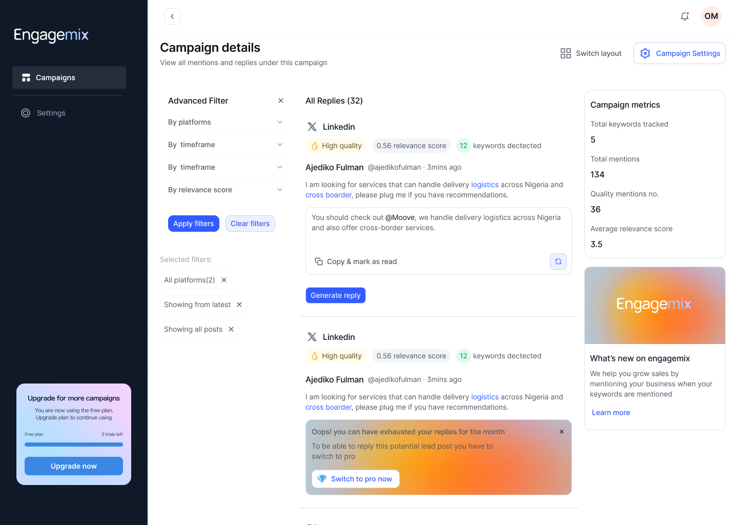 EngageMix reply layout with upgrade-to-pro prompt after monthly reply limit.