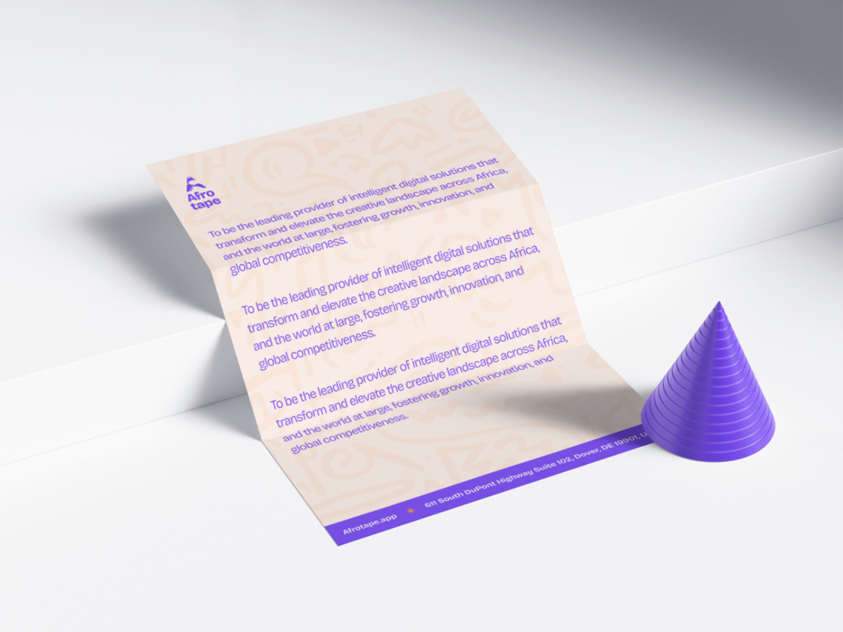 Afro Tape folded paper stationery mockup with brand pattern and mission copy