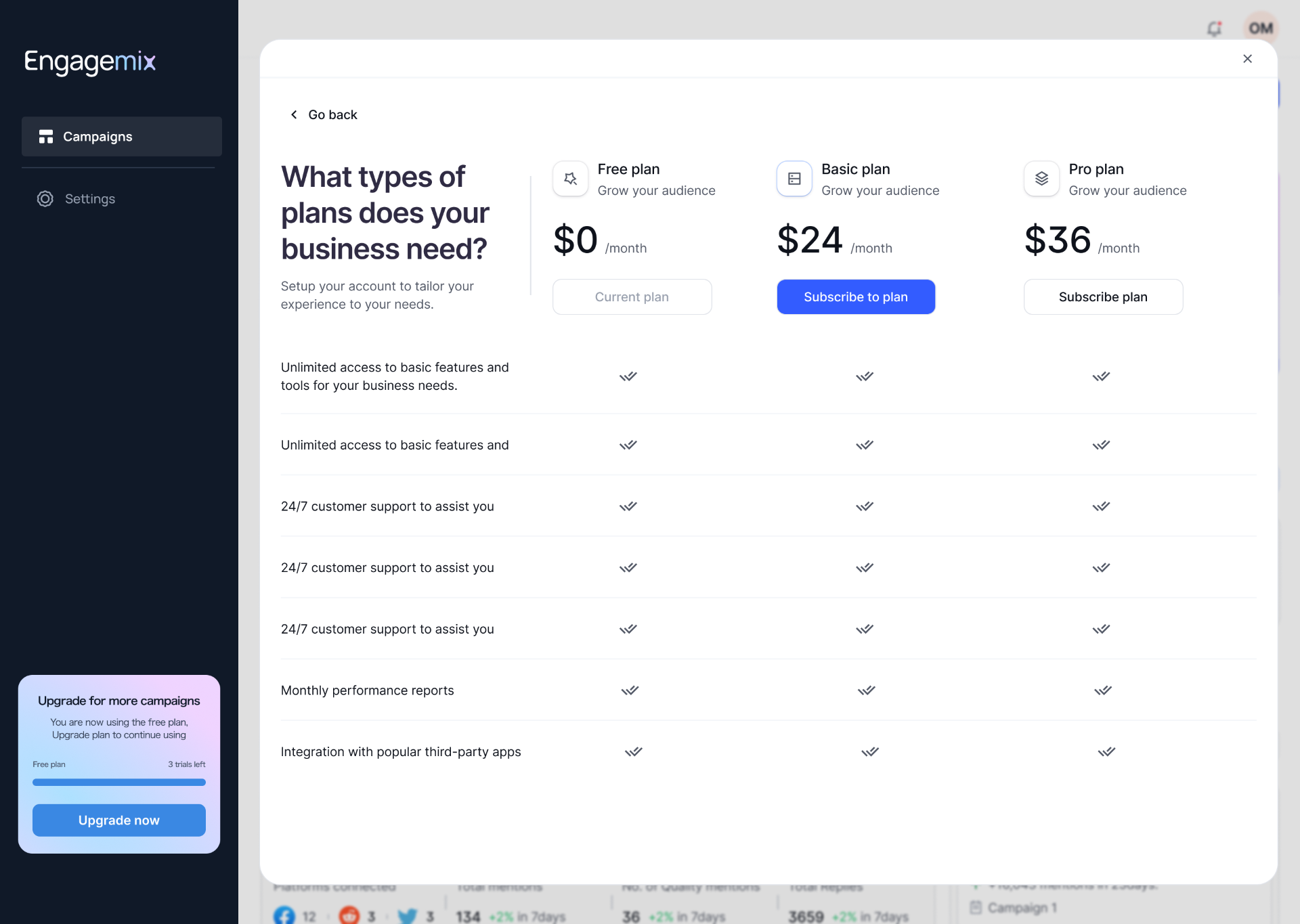 EngageMix compare-plans view across free, basic, and pro tiers.