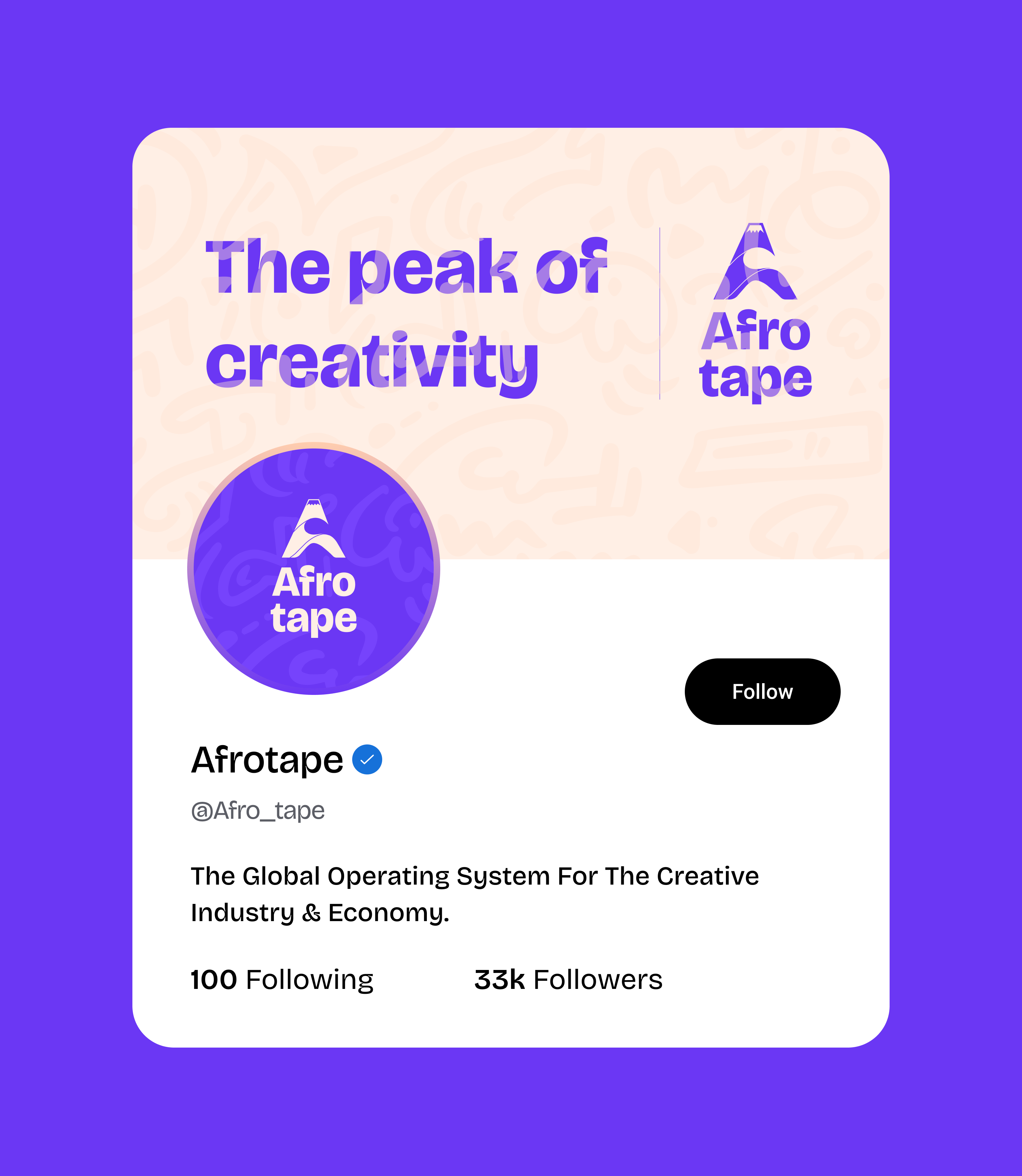 Afrotape Instagram profile mockup on purple: The peak of creativity.