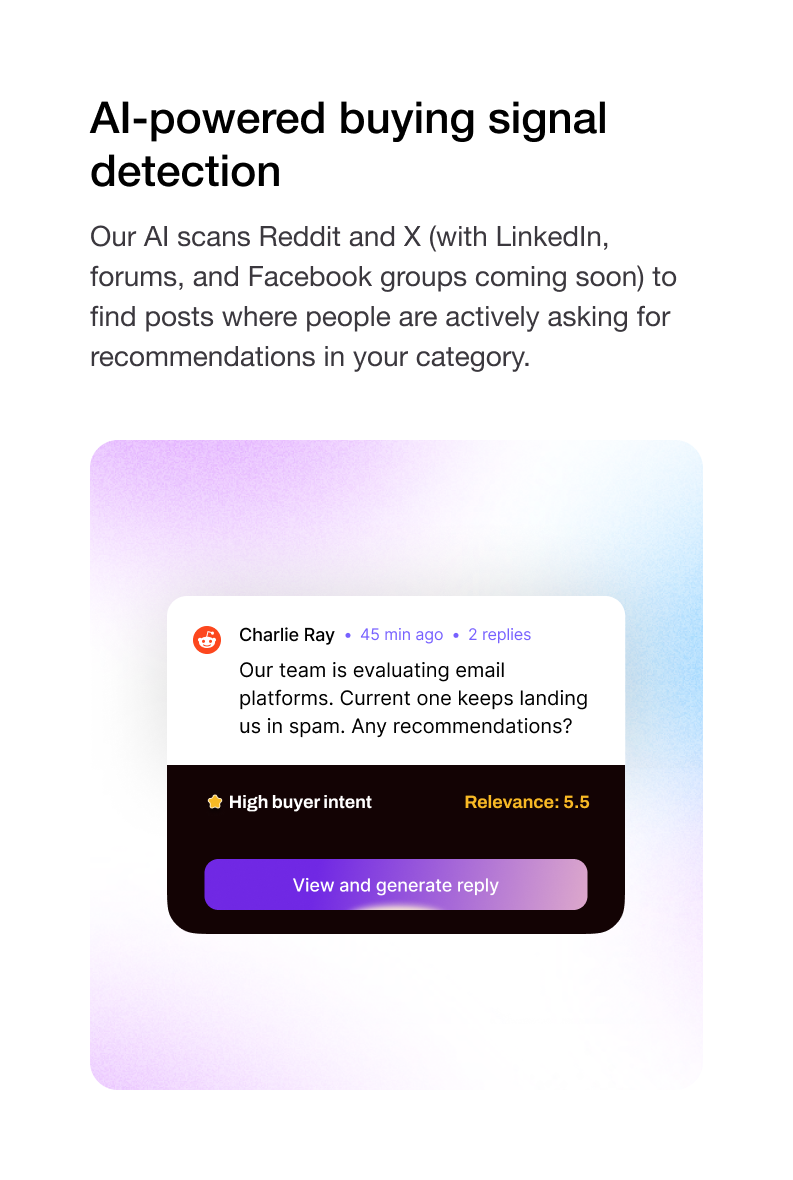 EngageMix product frame showing an AI-scored buying signal card with high buyer intent and relevance score