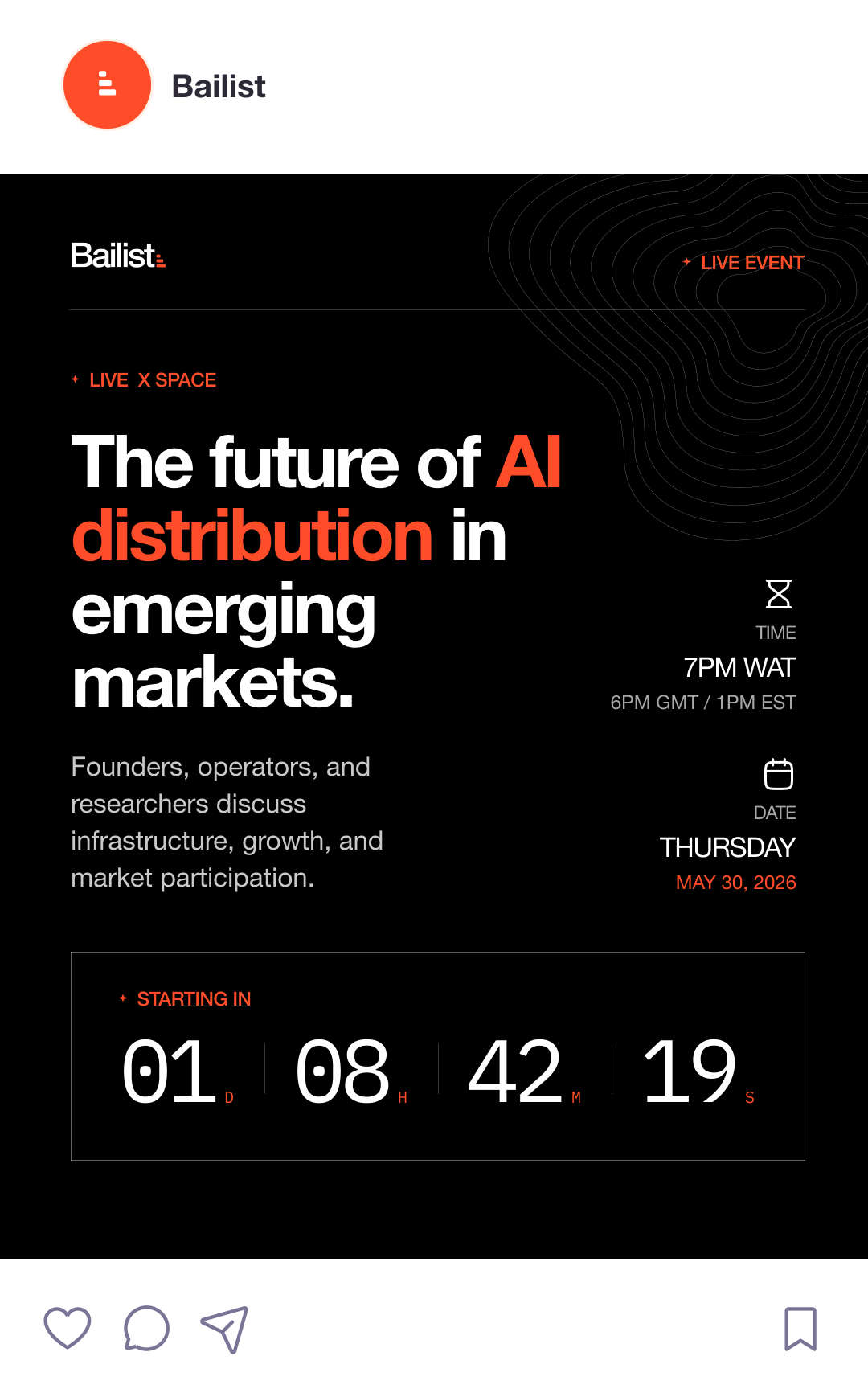Bailist live X Space post: The future of AI distribution in emerging markets, with countdown.
